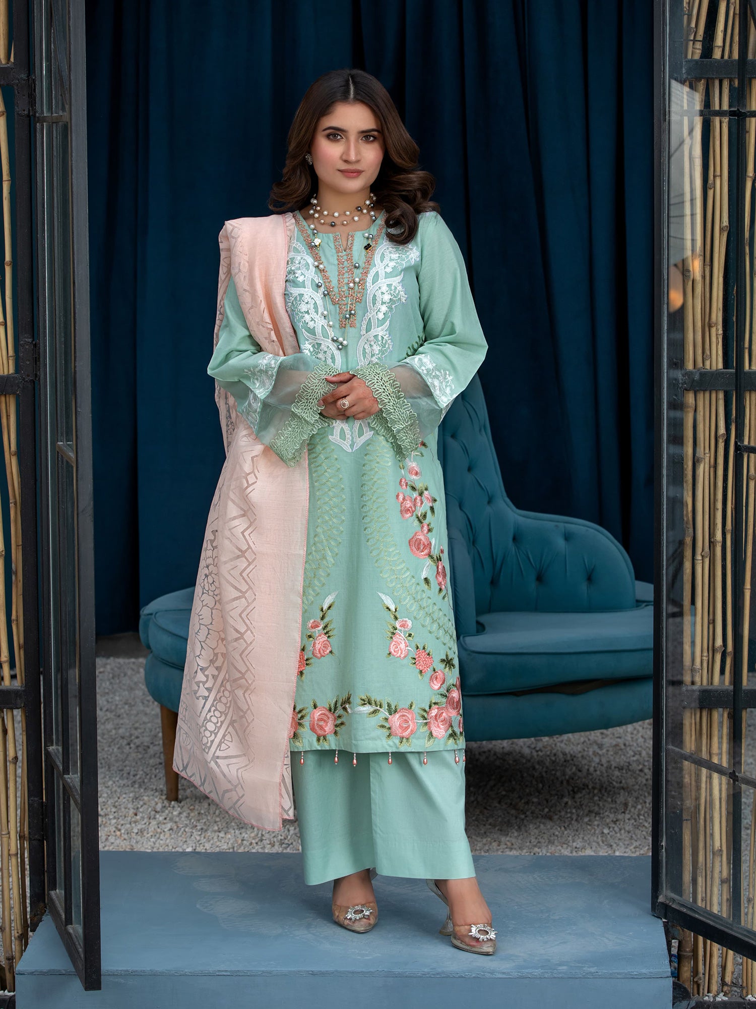 Heera's Sea Green Embroidered Cambric Cotton Suit