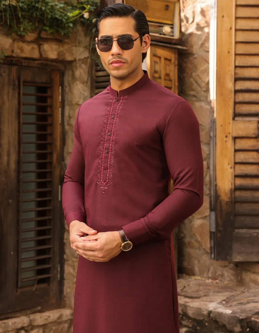 J. Mens Maroon Blended Shalwar Kameez MOMINA Designer Outfit Collection