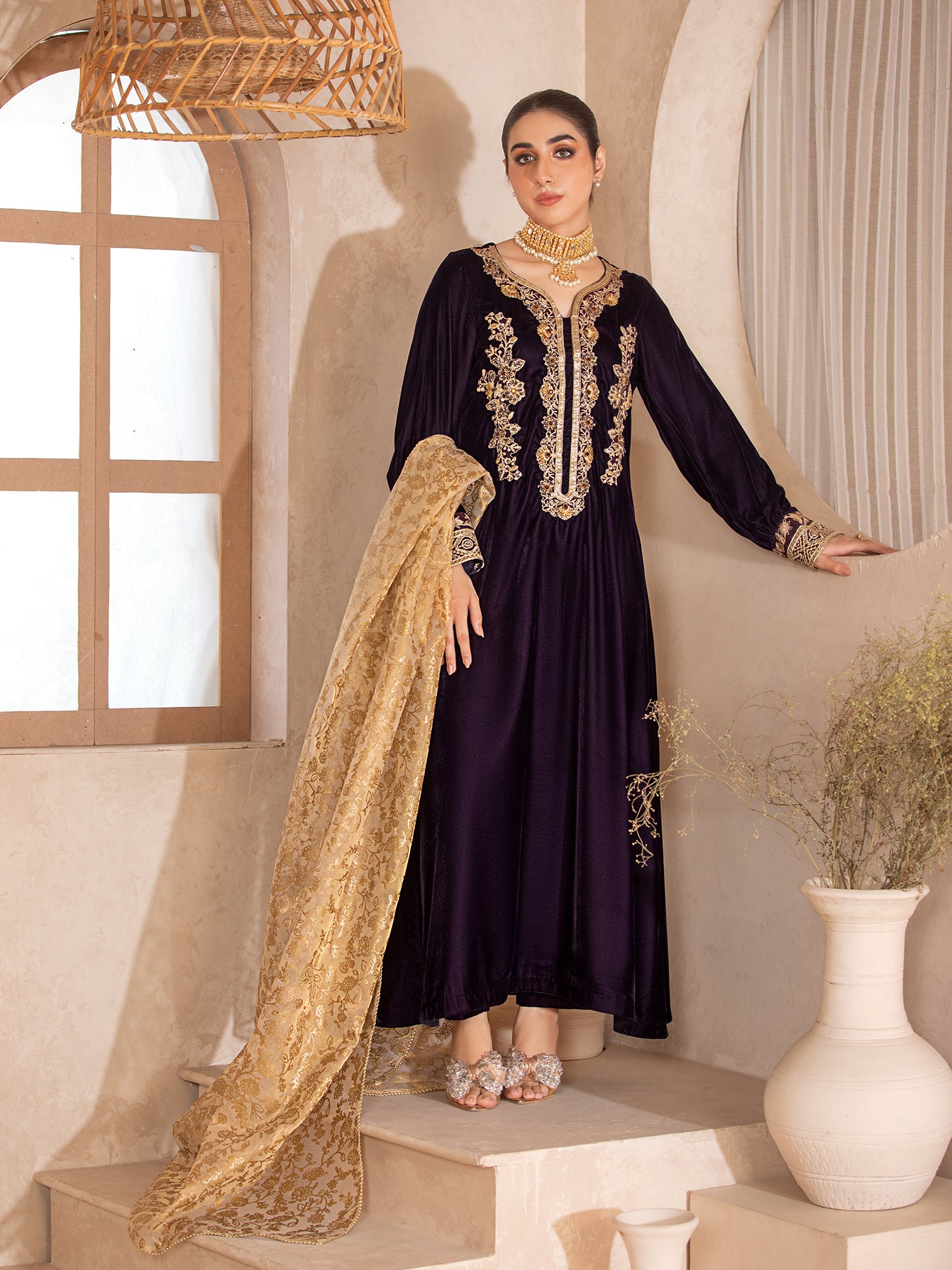 Heera's Plum Embroidered Velvet Long 3-Piece Suit