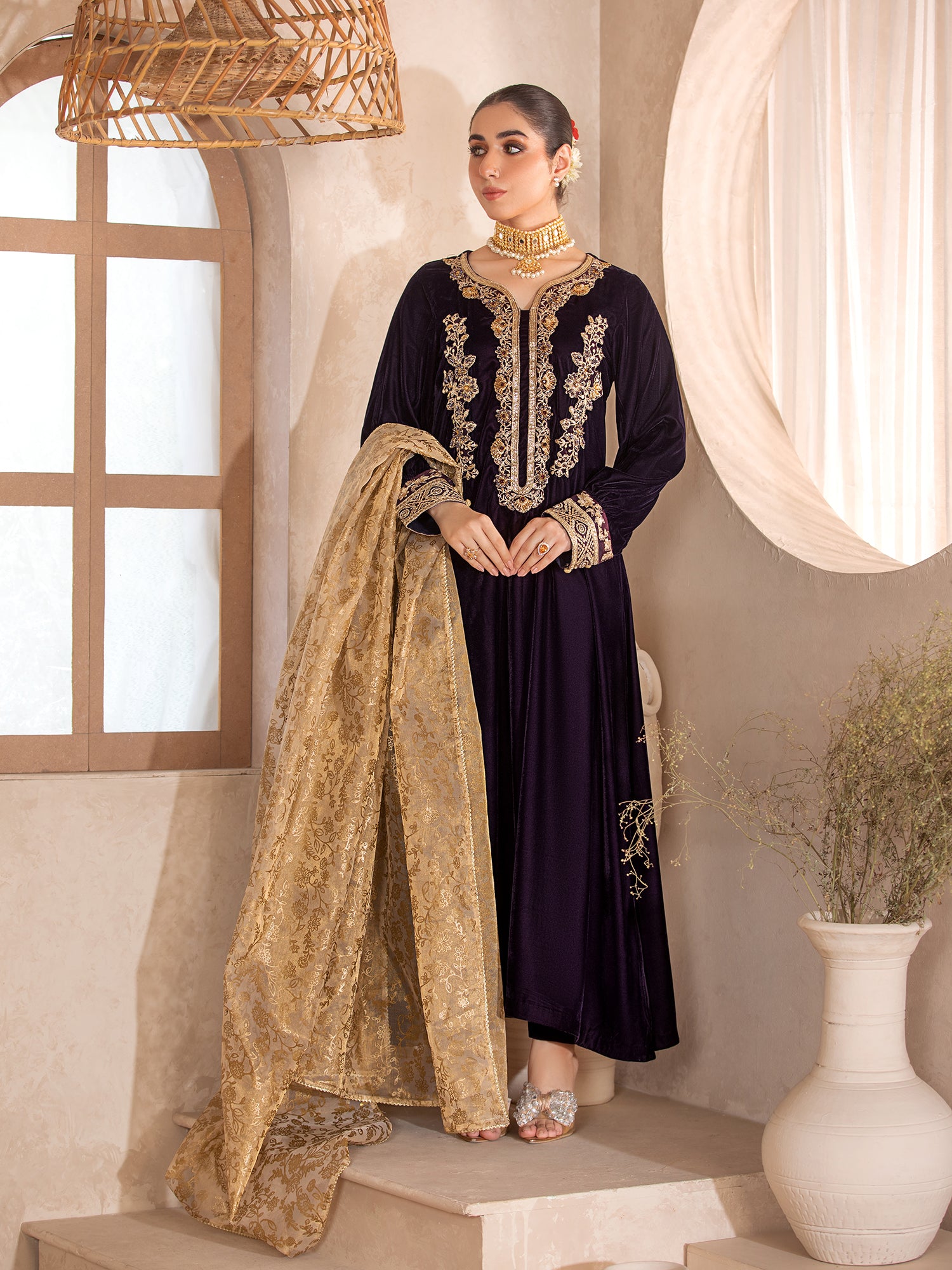 Heera's Plum Embroidered Velvet Long 3-Piece Suit