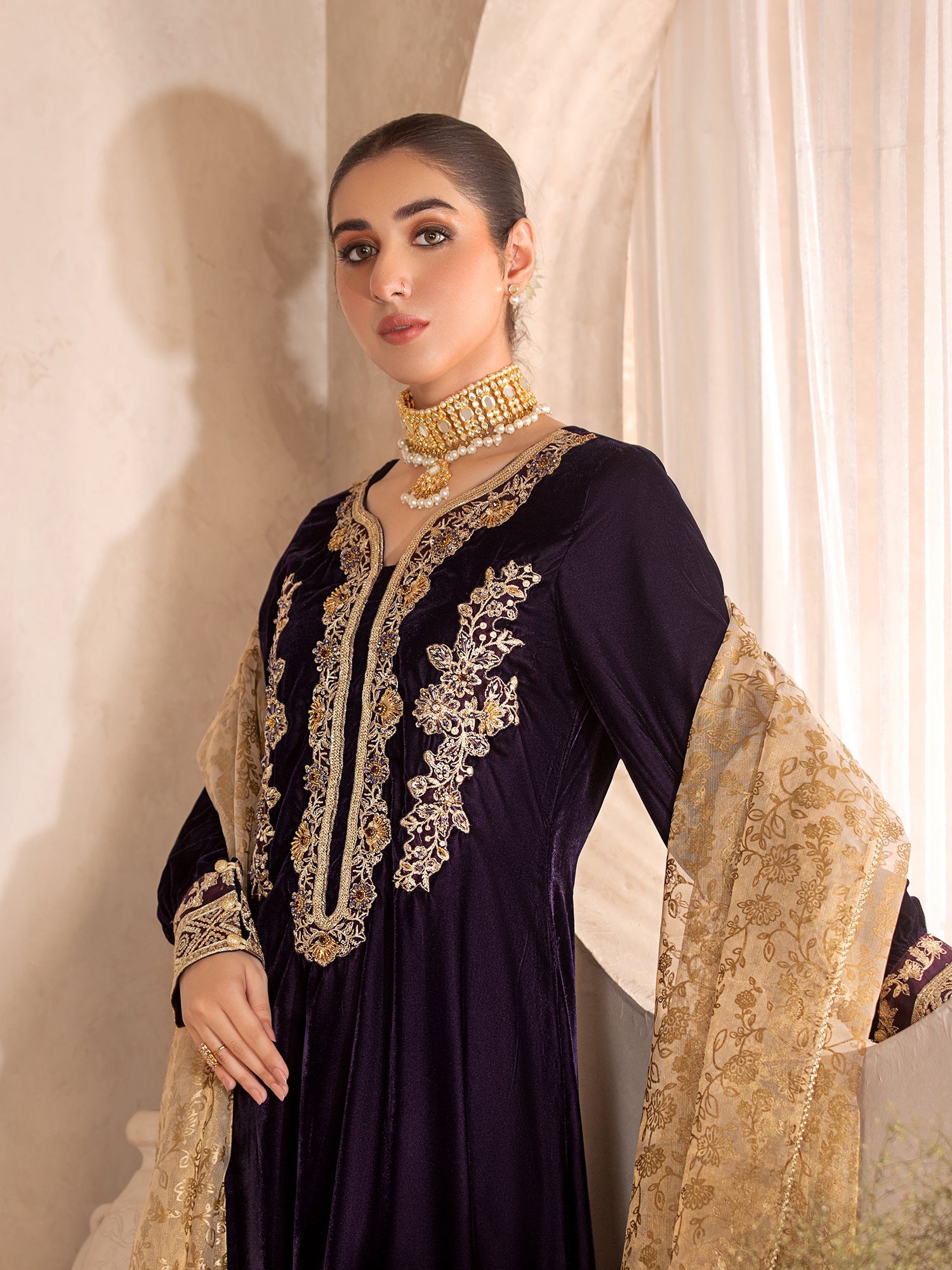 Heera's Plum Embroidered Velvet Long 3-Piece Suit