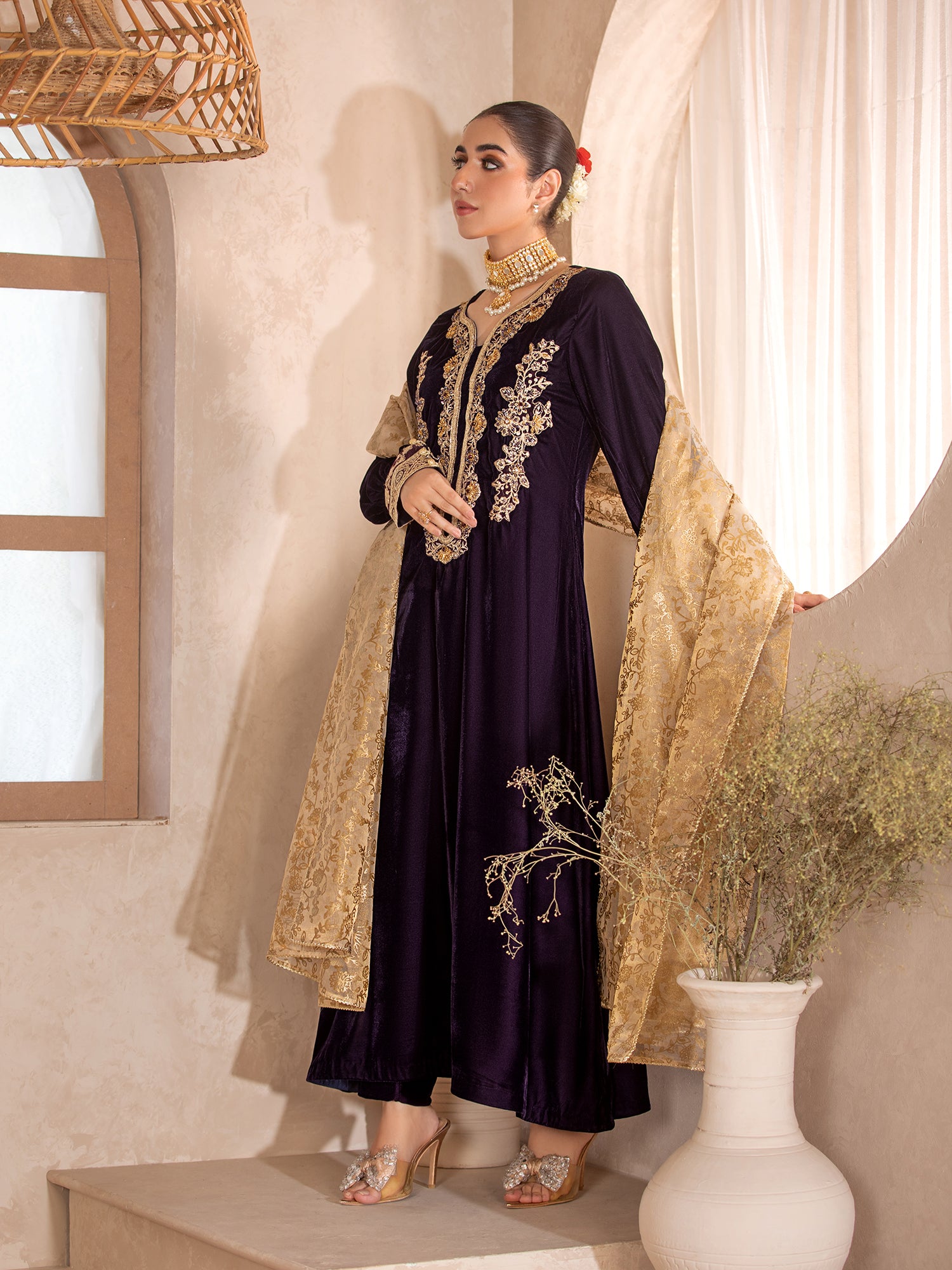 Heera's Plum Embroidered Velvet Long 3-Piece Suit