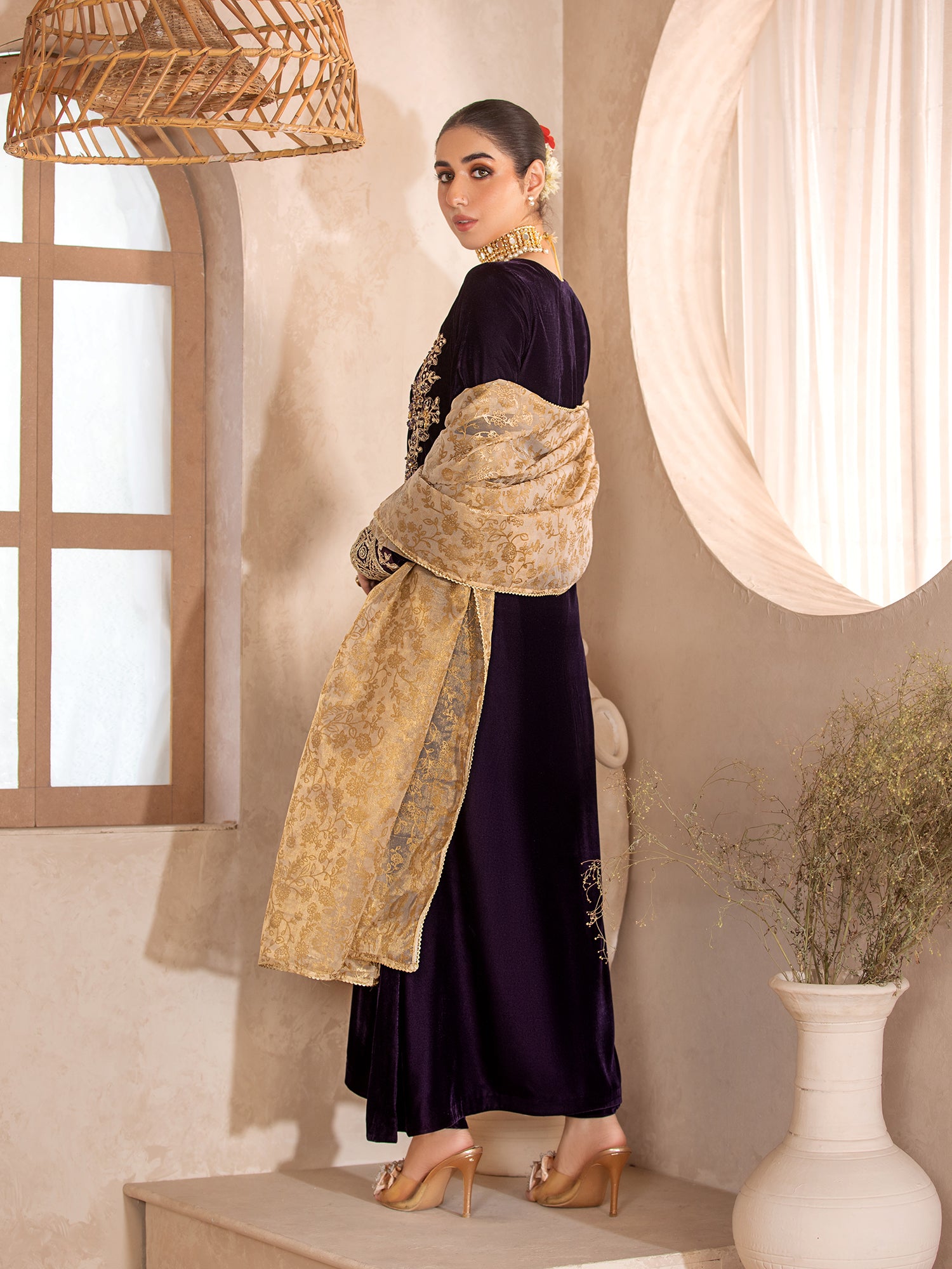 Heera's Plum Embroidered Velvet Long 3-Piece Suit