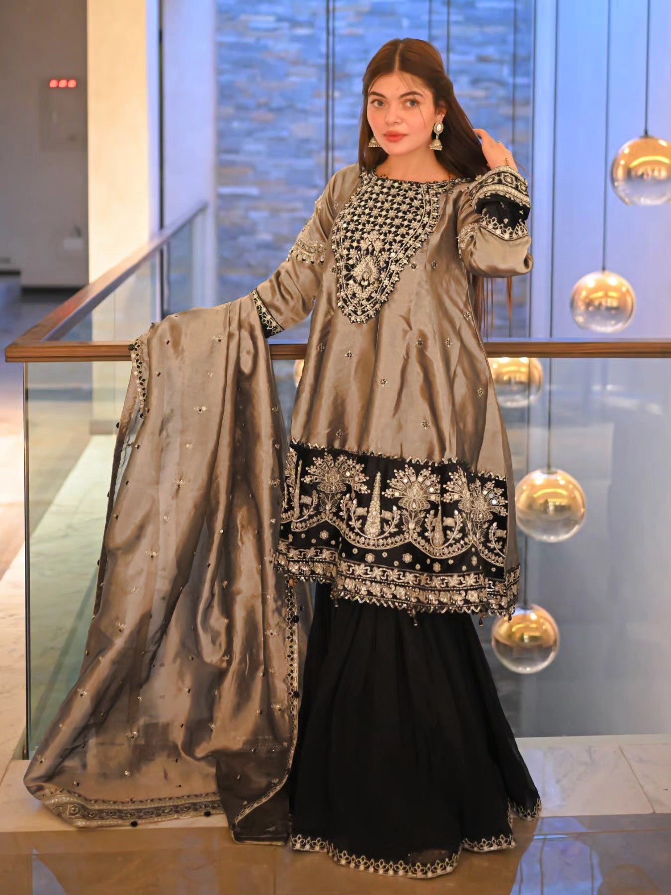 Ally's Copper Embroidered Raw Silk Suit with Gharara (AL-3763)