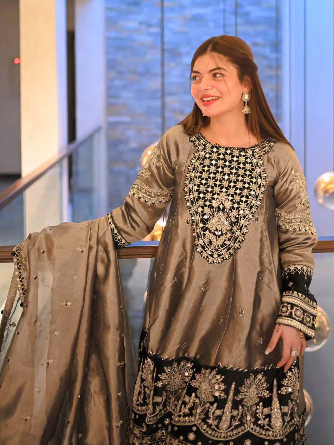 Ally's Copper Embroidered Raw Silk Suit with Gharara (AL-3763)