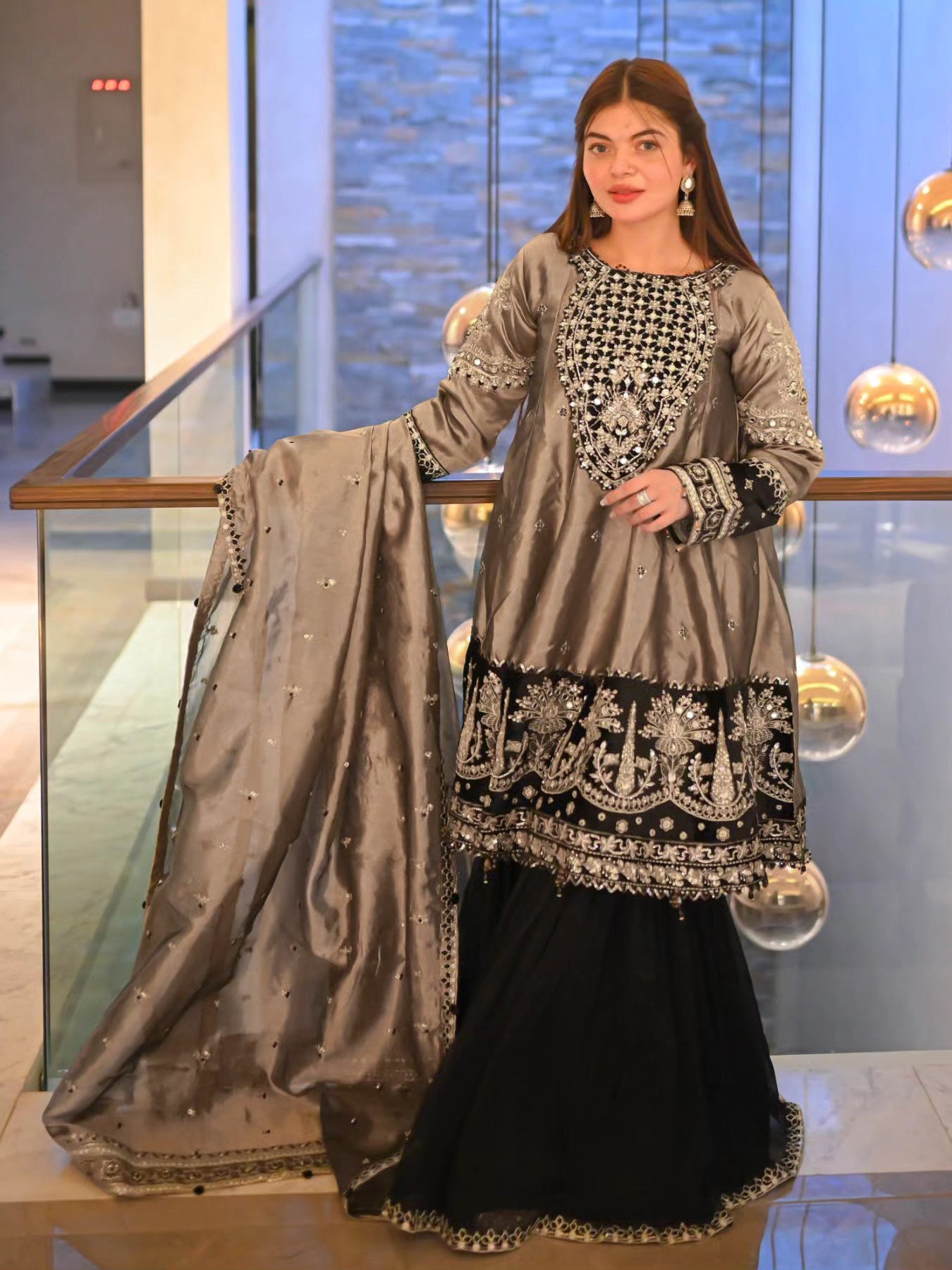 Ally's Copper Embroidered Raw Silk Suit with Gharara (AL-3763)