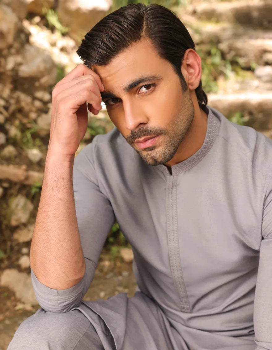 J. Mens Grey Blended Shalwar Kameez