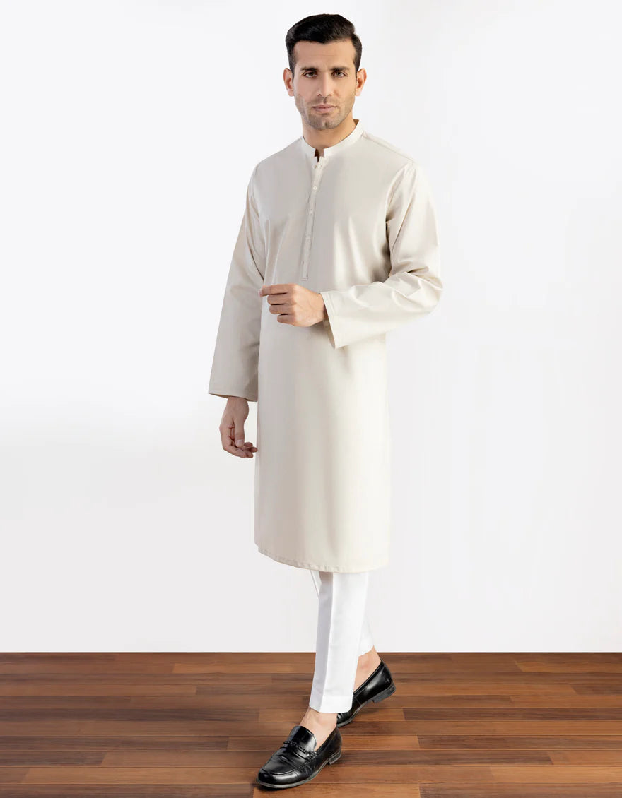 J. Mens Cream Cotton Casual Plain 2-Piece Kurta + Trouser