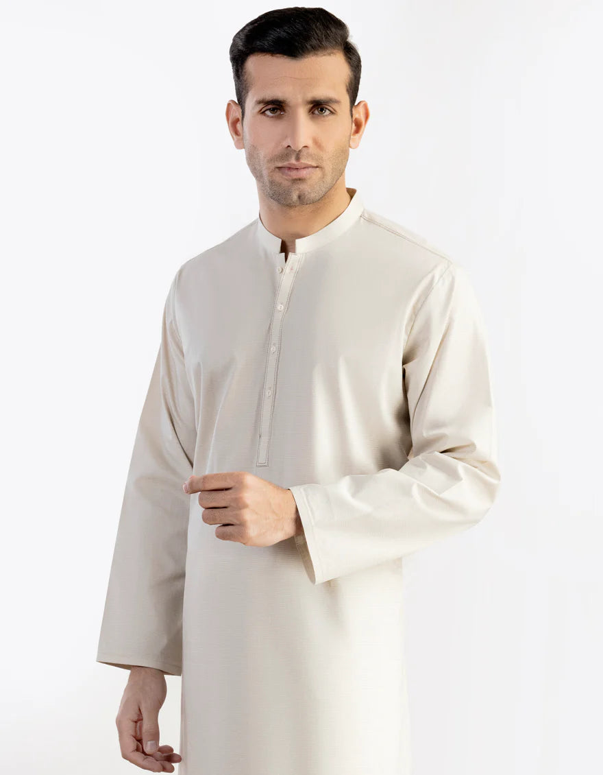 J. Mens Cream Cotton Casual Plain 2-Piece Kurta + Trouser