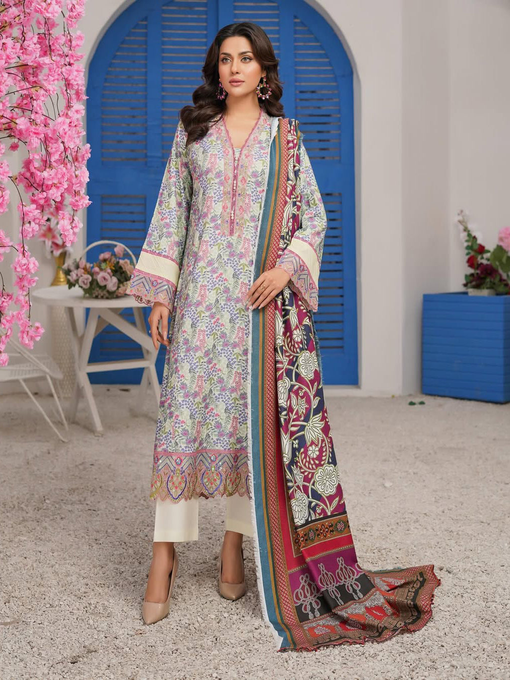 Munira Embroidered Winter Dhanak Frock Suit (MSL-04) - Cream