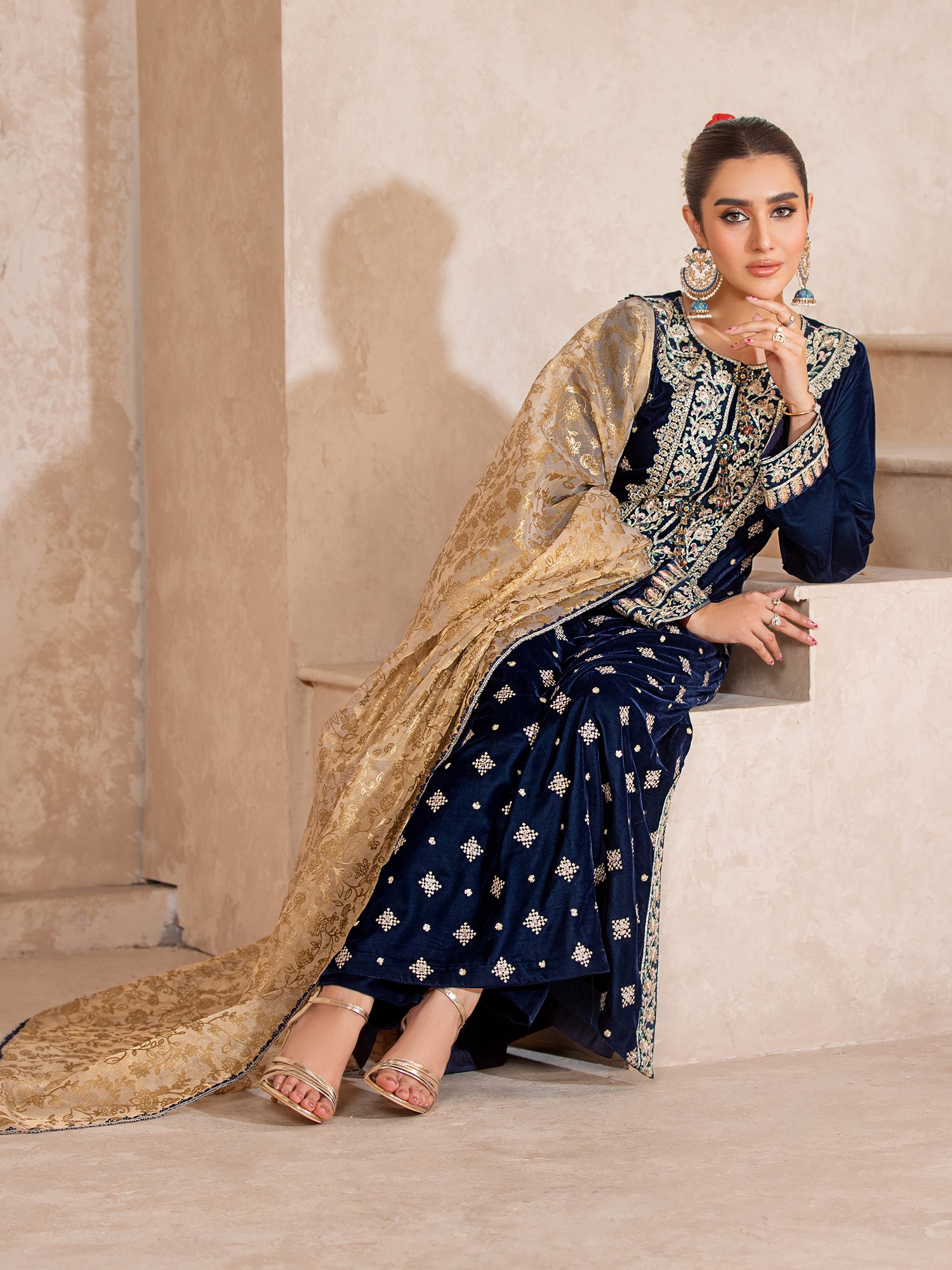 Heera's Zinc Embroidered Velvet Long 3-Piece Suit