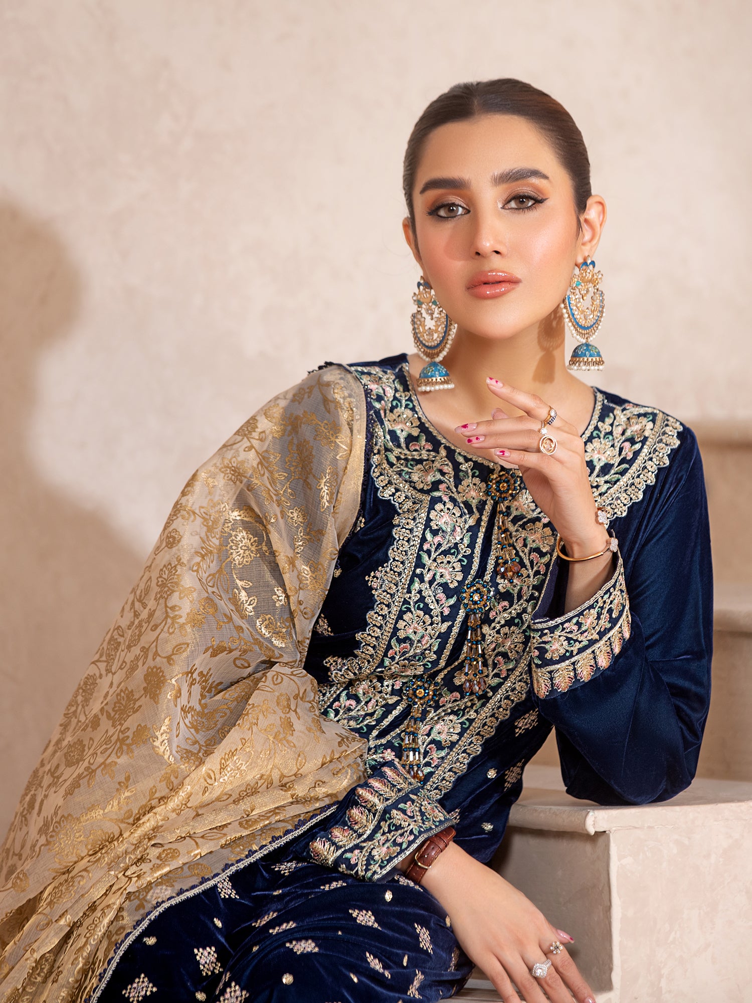 Heera's Zinc Embroidered Velvet Long 3-Piece Suit