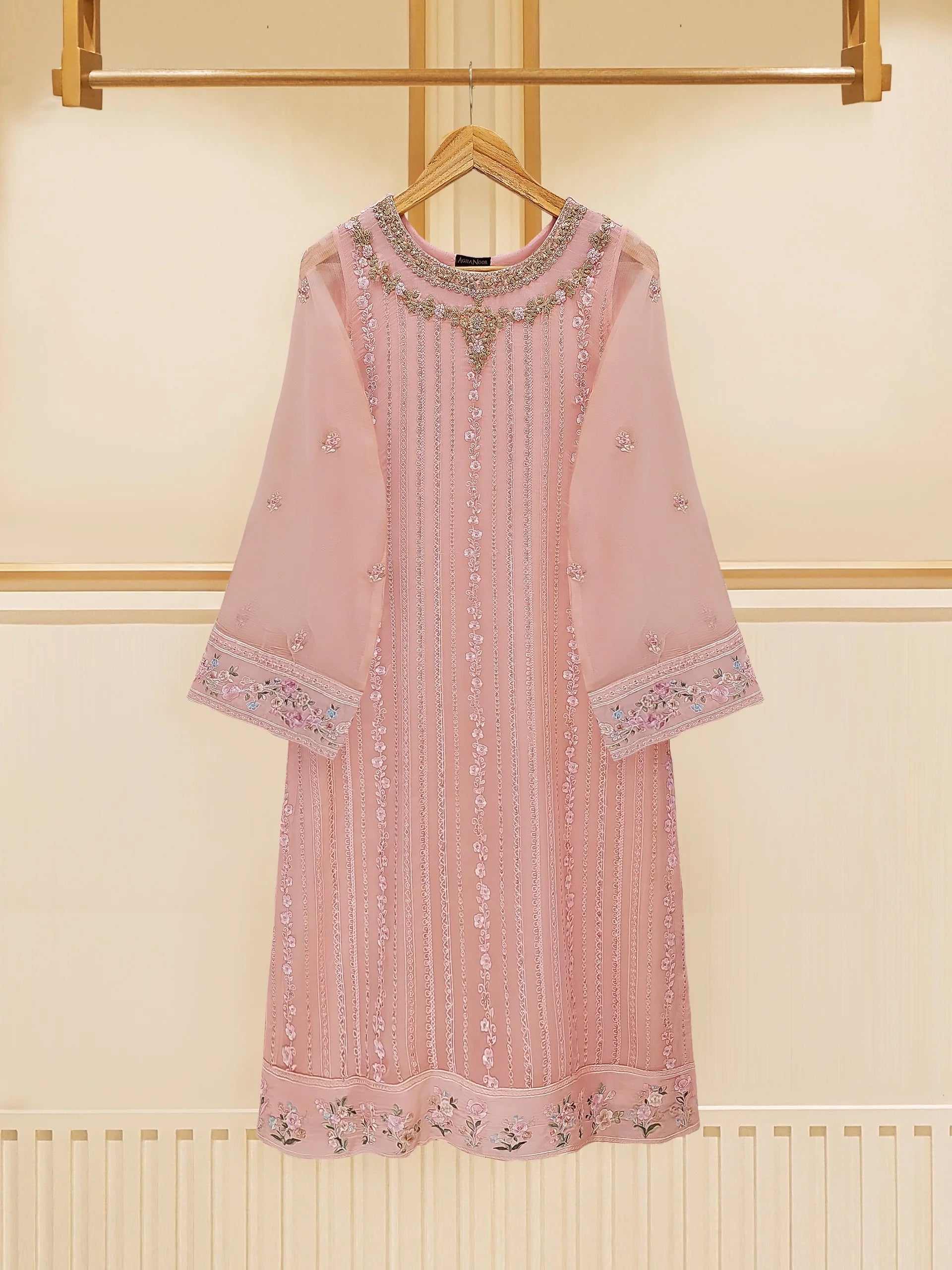 Agha Noor Pink Embroidered Chiffon 3-Piece Suit