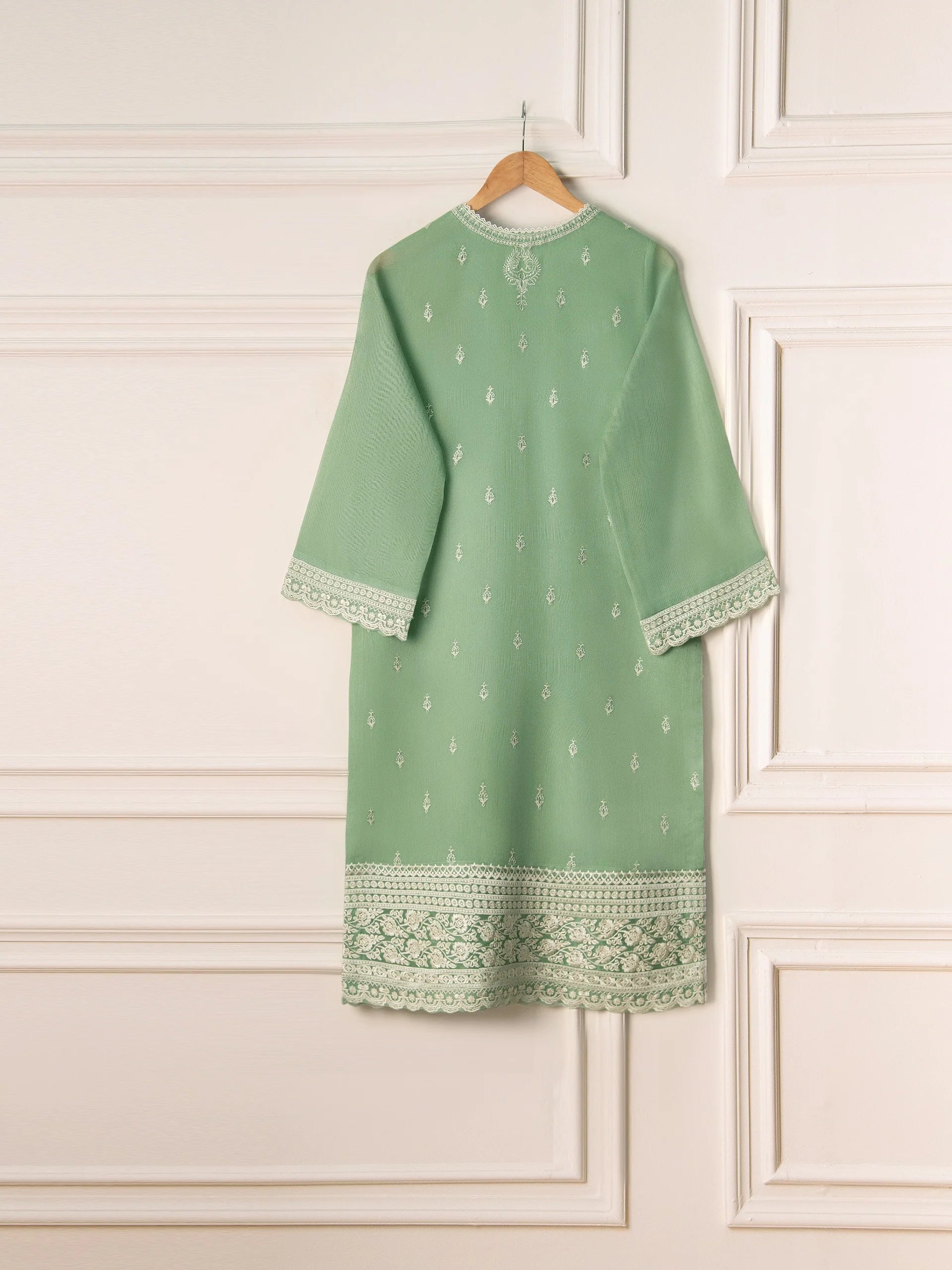 Agha Noor Pista Green Embroidered Cotton Net 3-Piece Suit