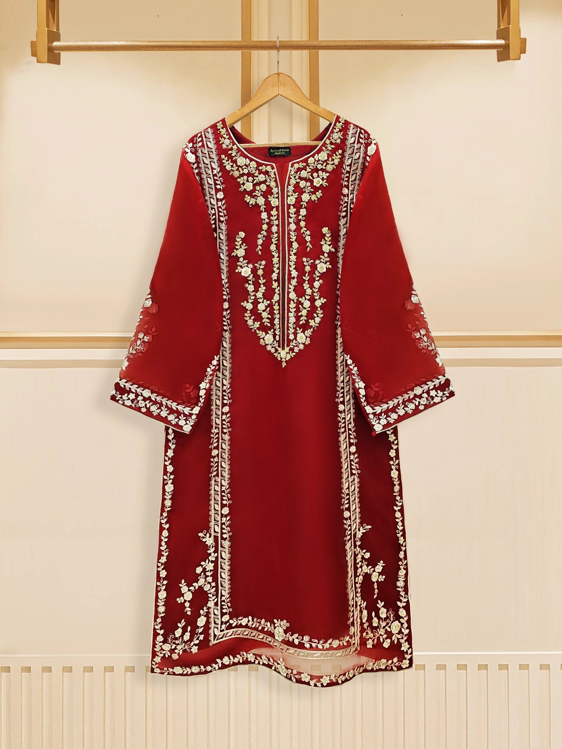 Agha Noor Maroon Embroidered Pure Organza 3-Piece Suit