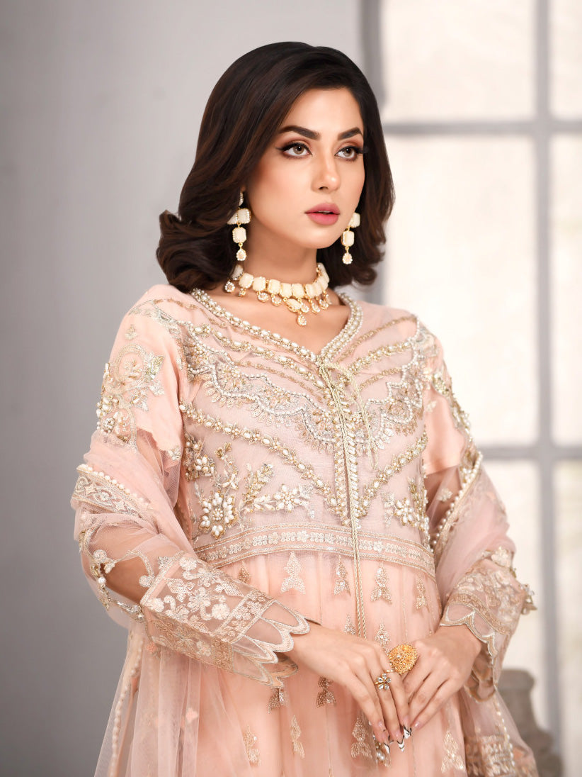 Zarqun Pink Fancy Embroidered Net 3-Piece Maxi Suit