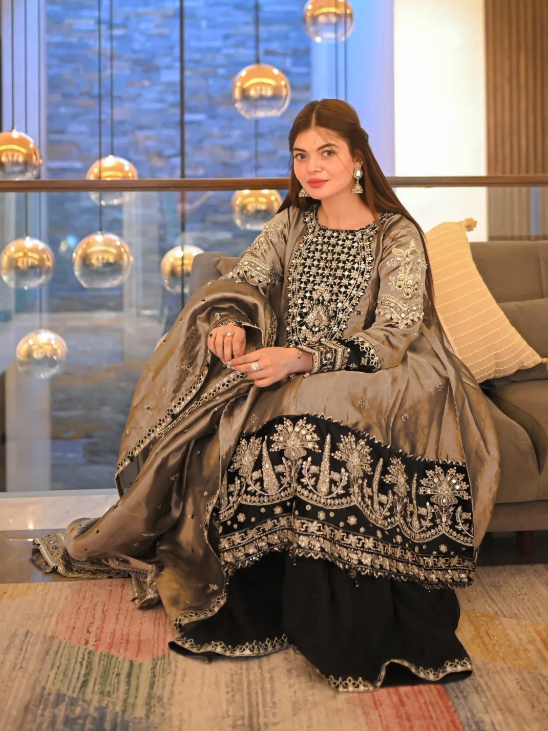 Ally's Copper Embroidered Raw Silk Suit with Gharara (AL-3763)