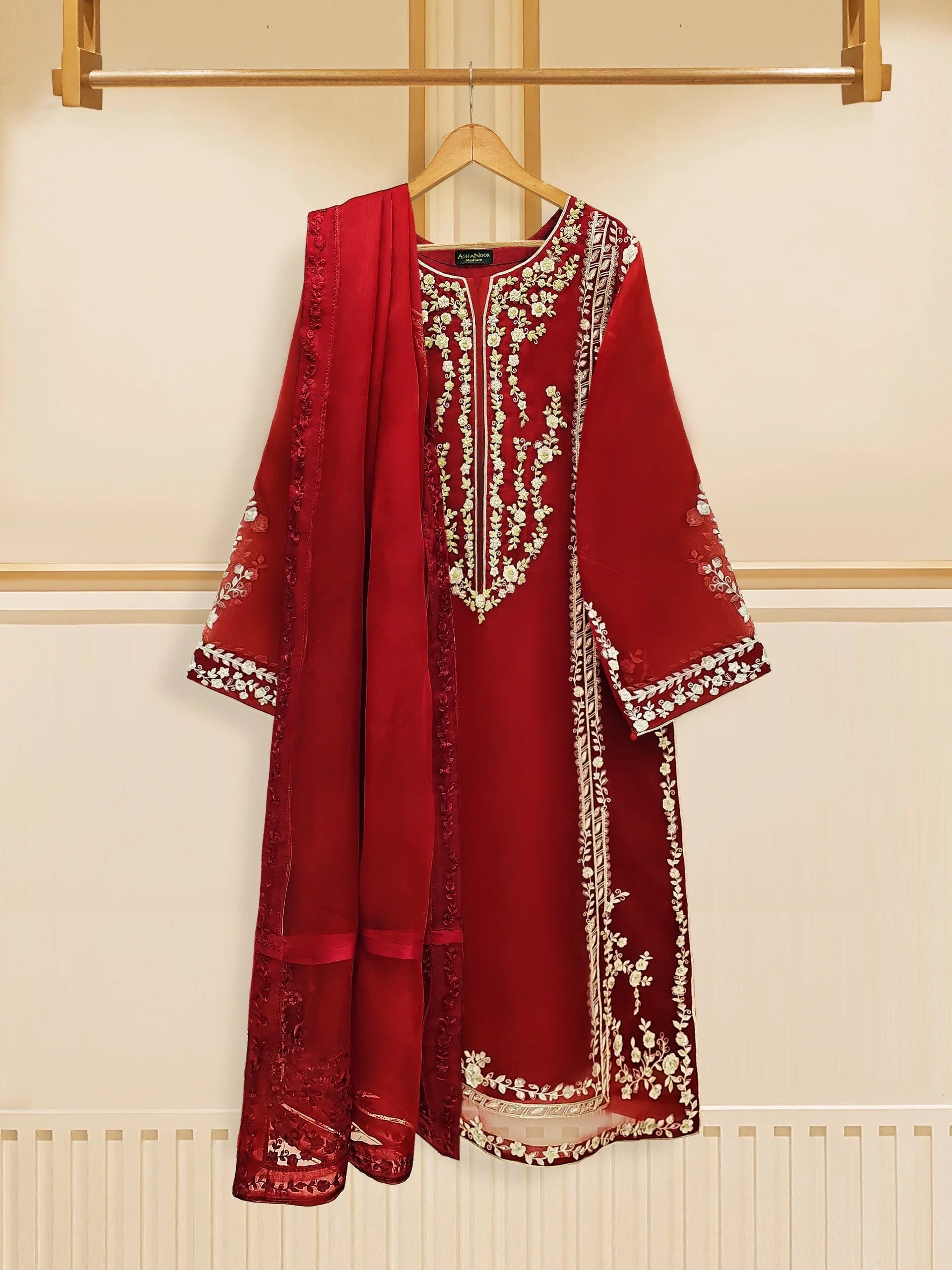 Agha Noor Maroon Embroidered Pure Organza 3-Piece Suit