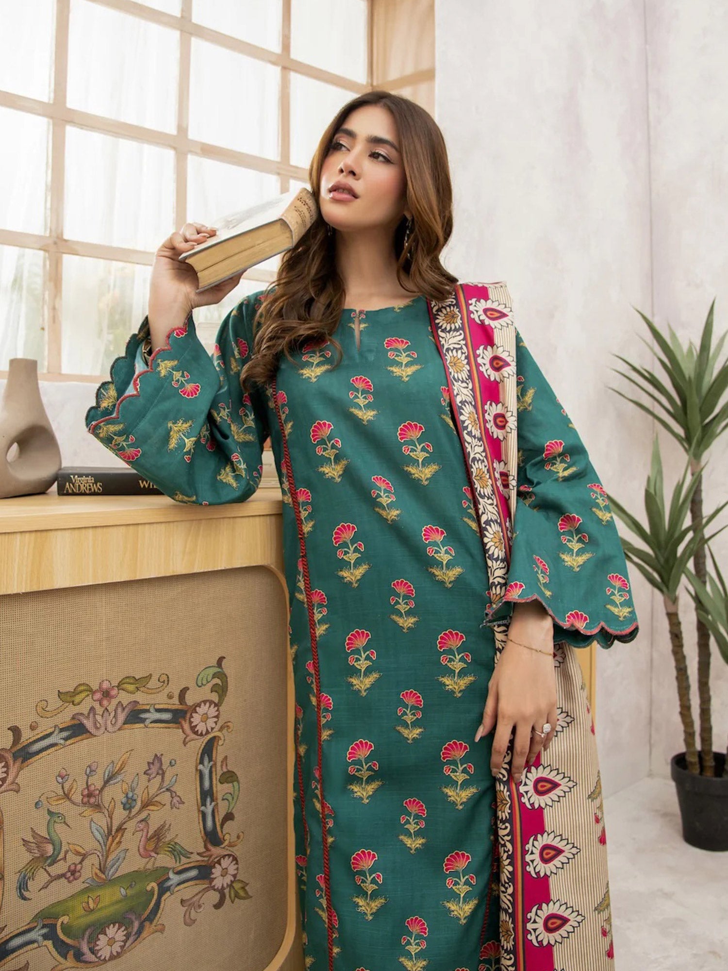 Ally's "Forbidden Flowers" Khaddar 3-Piece Suit - Green