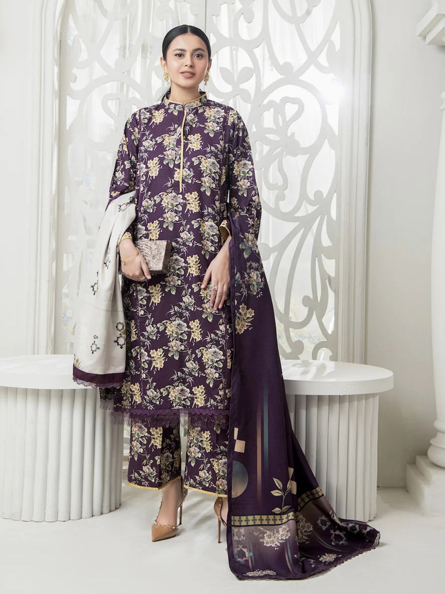 Ally's "Forbidden Flowers" Khaddar 3-Piece Suit - Purple