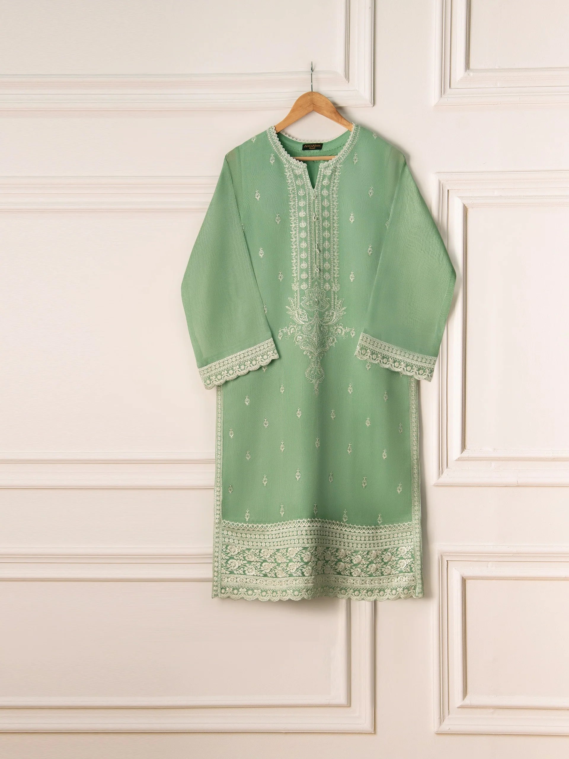 Agha Noor Pista Green Embroidered Cotton Net 3-Piece Suit