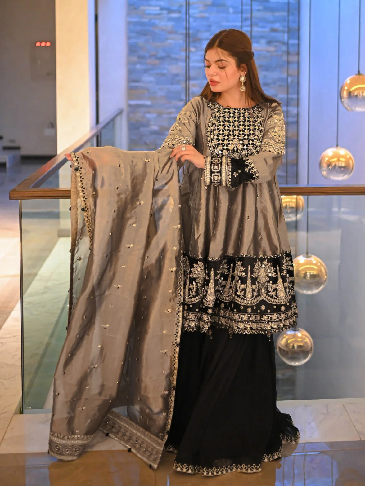 Ally's Copper Embroidered Raw Silk Suit with Gharara (AL-3763)