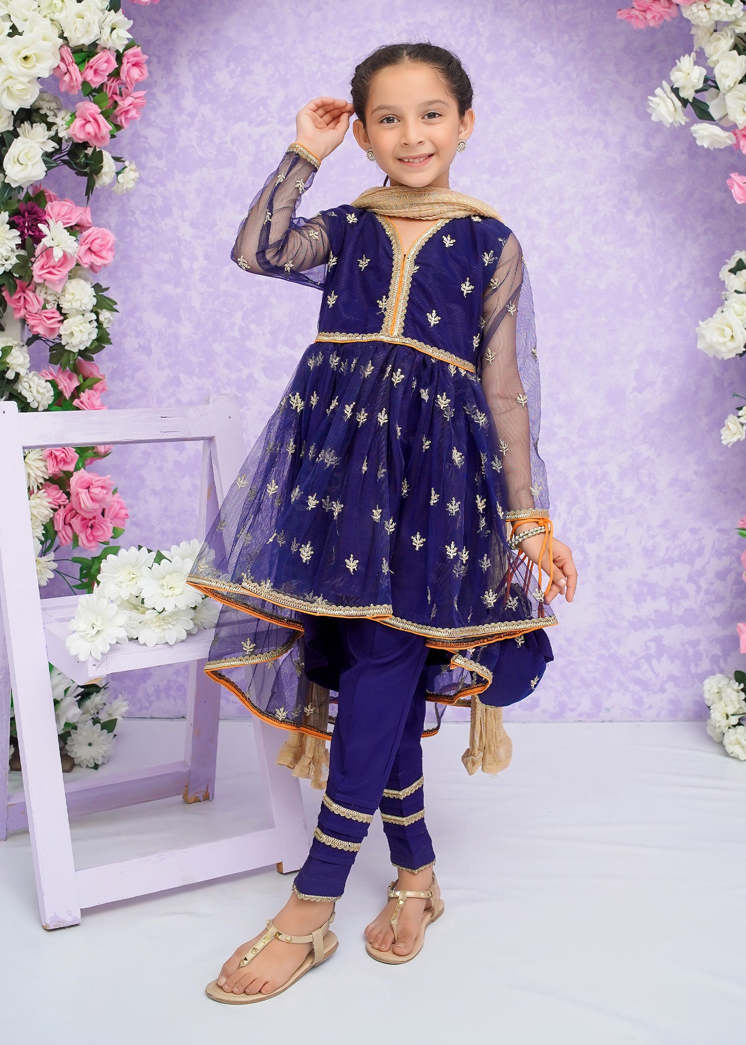 Kids Blue Embroidered Net Frock Suit