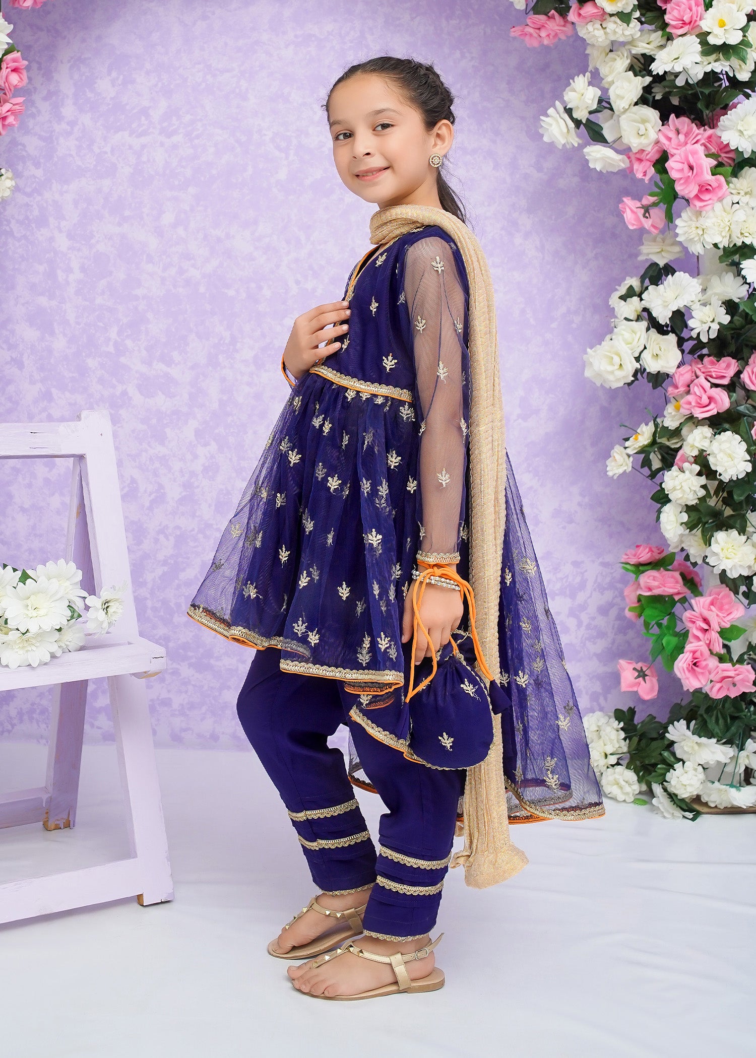 Kids Blue Embroidered Net Frock Suit