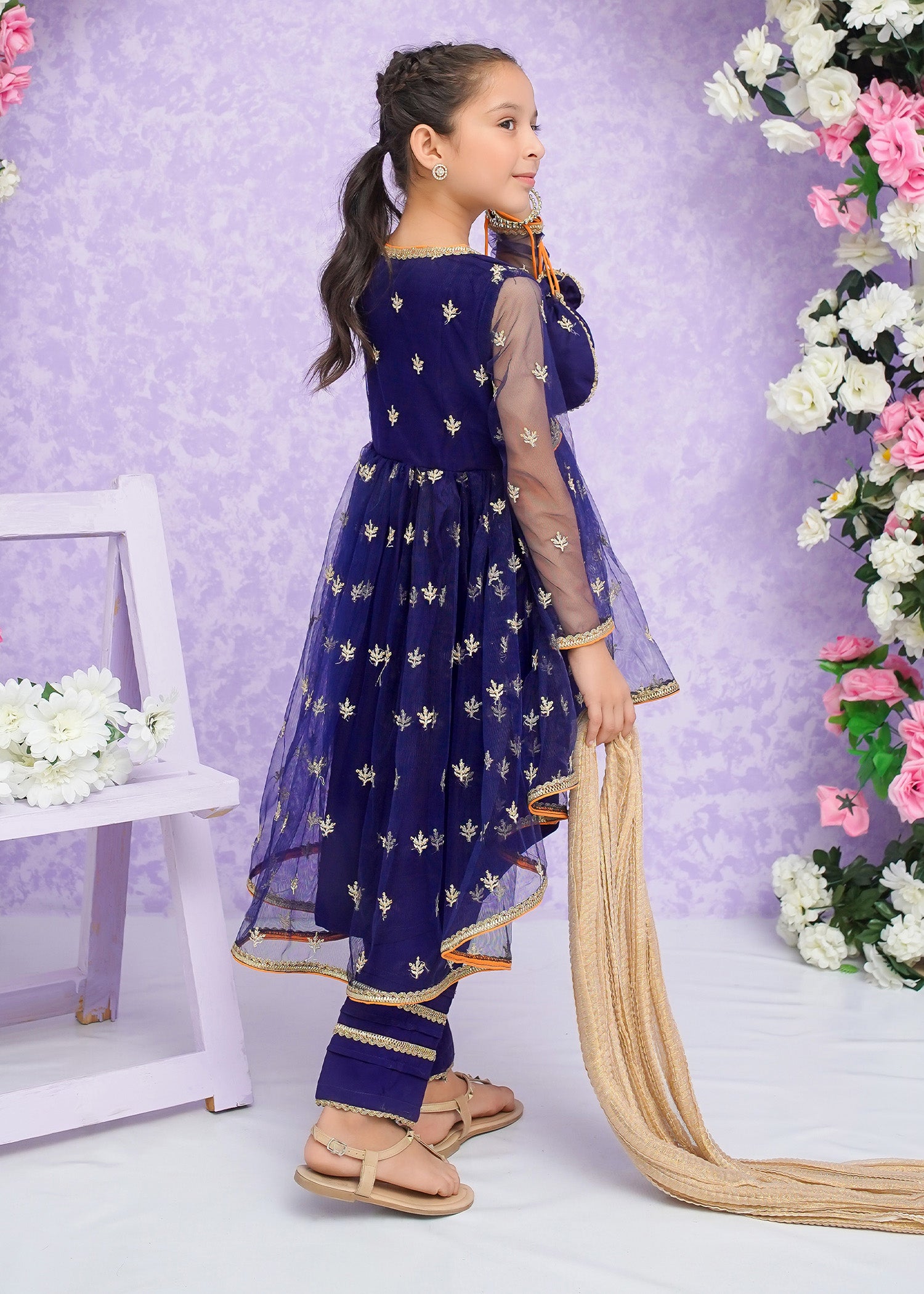 Kids Blue Embroidered Net Frock Suit