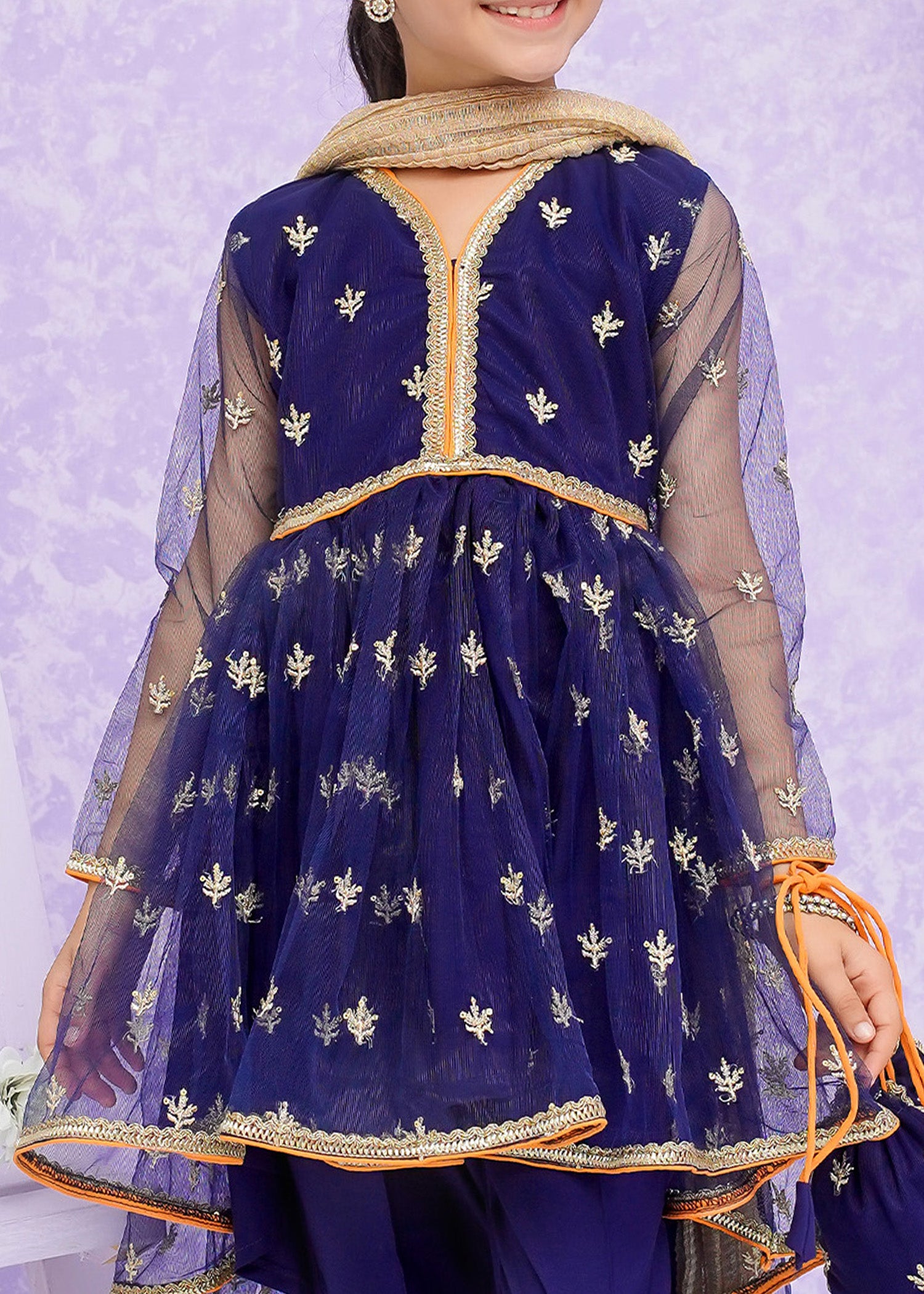 Kids Blue Embroidered Net Frock Suit