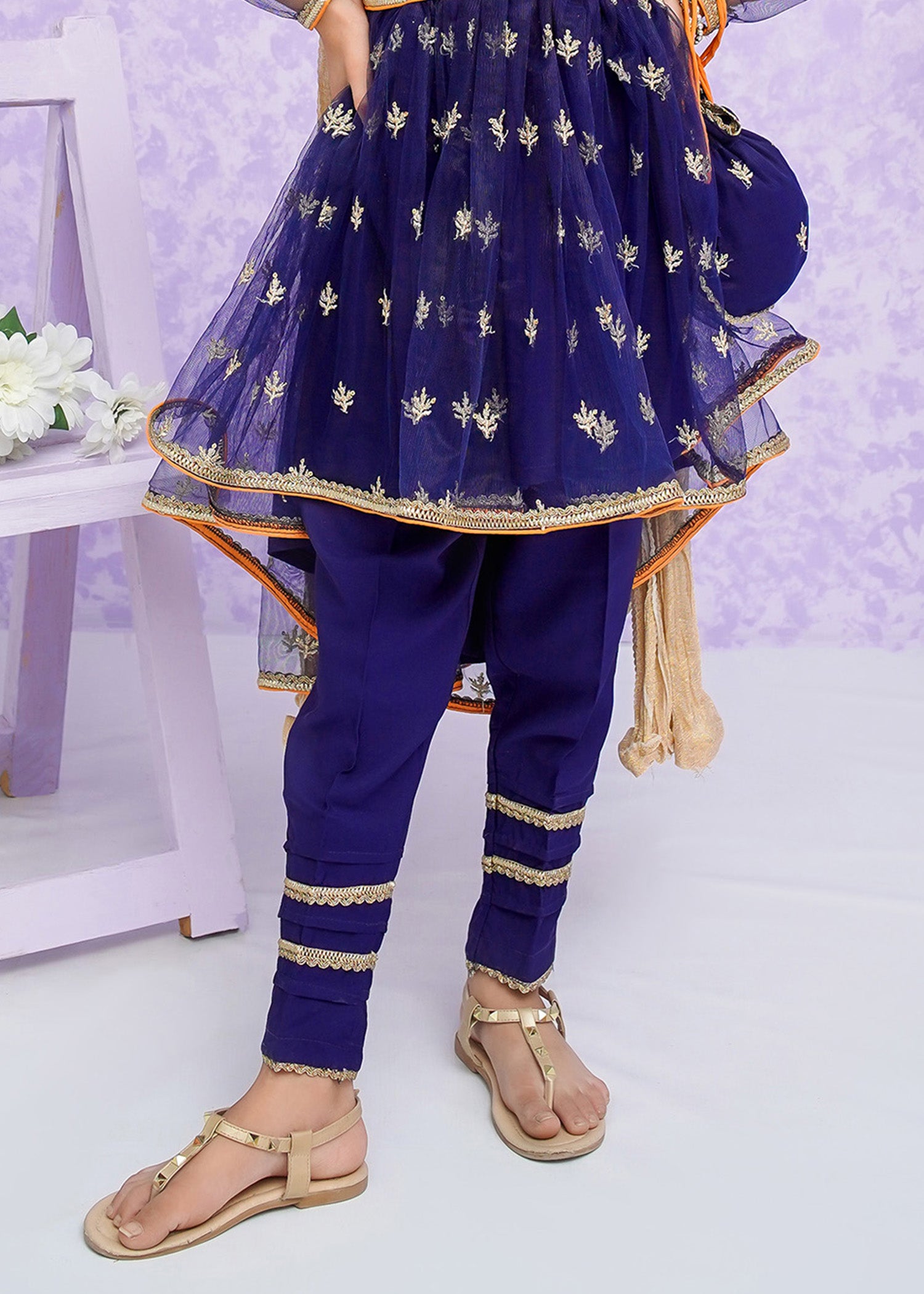 Kids Blue Embroidered Net Frock Suit