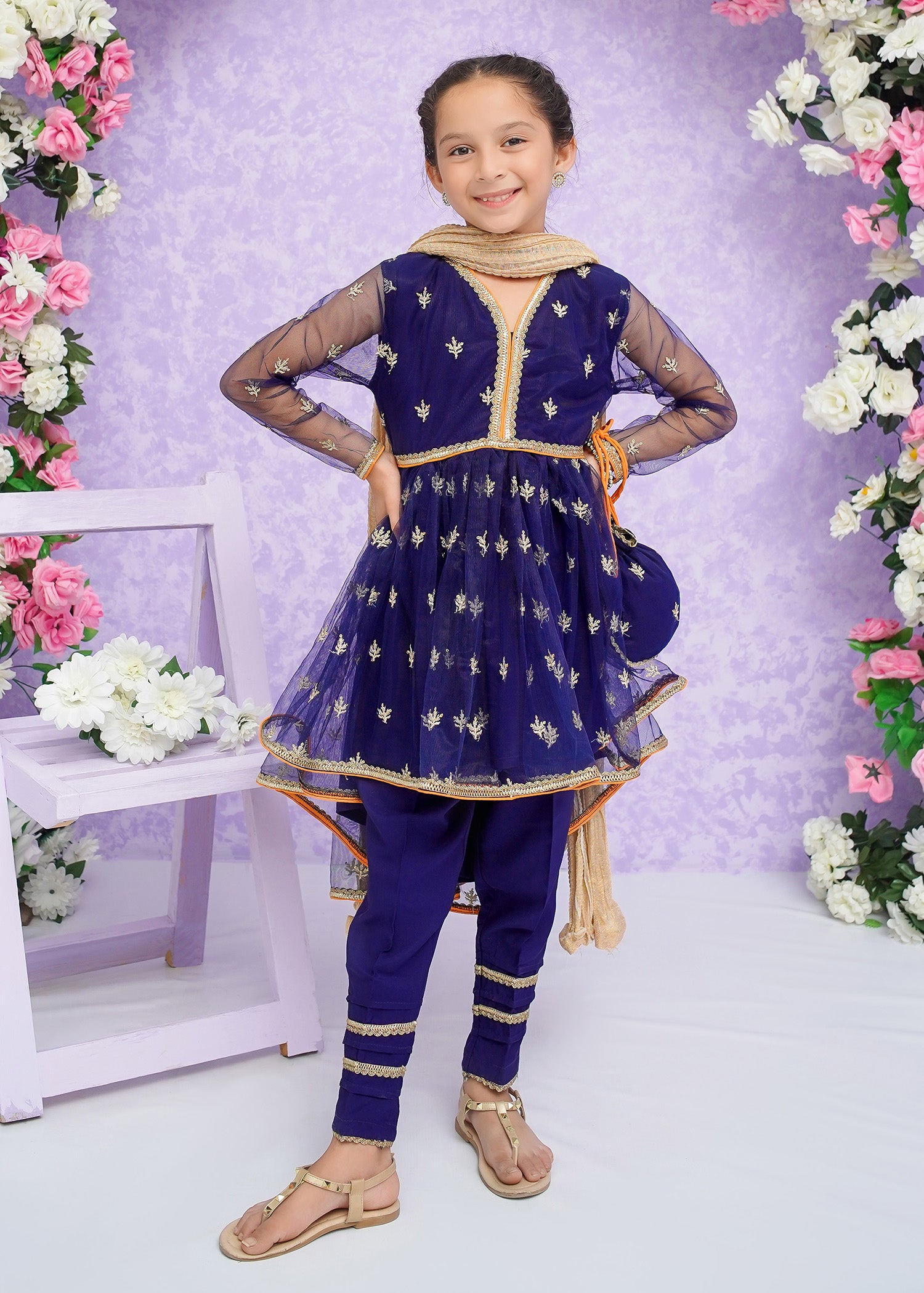 Kids Blue Embroidered Net Frock Suit