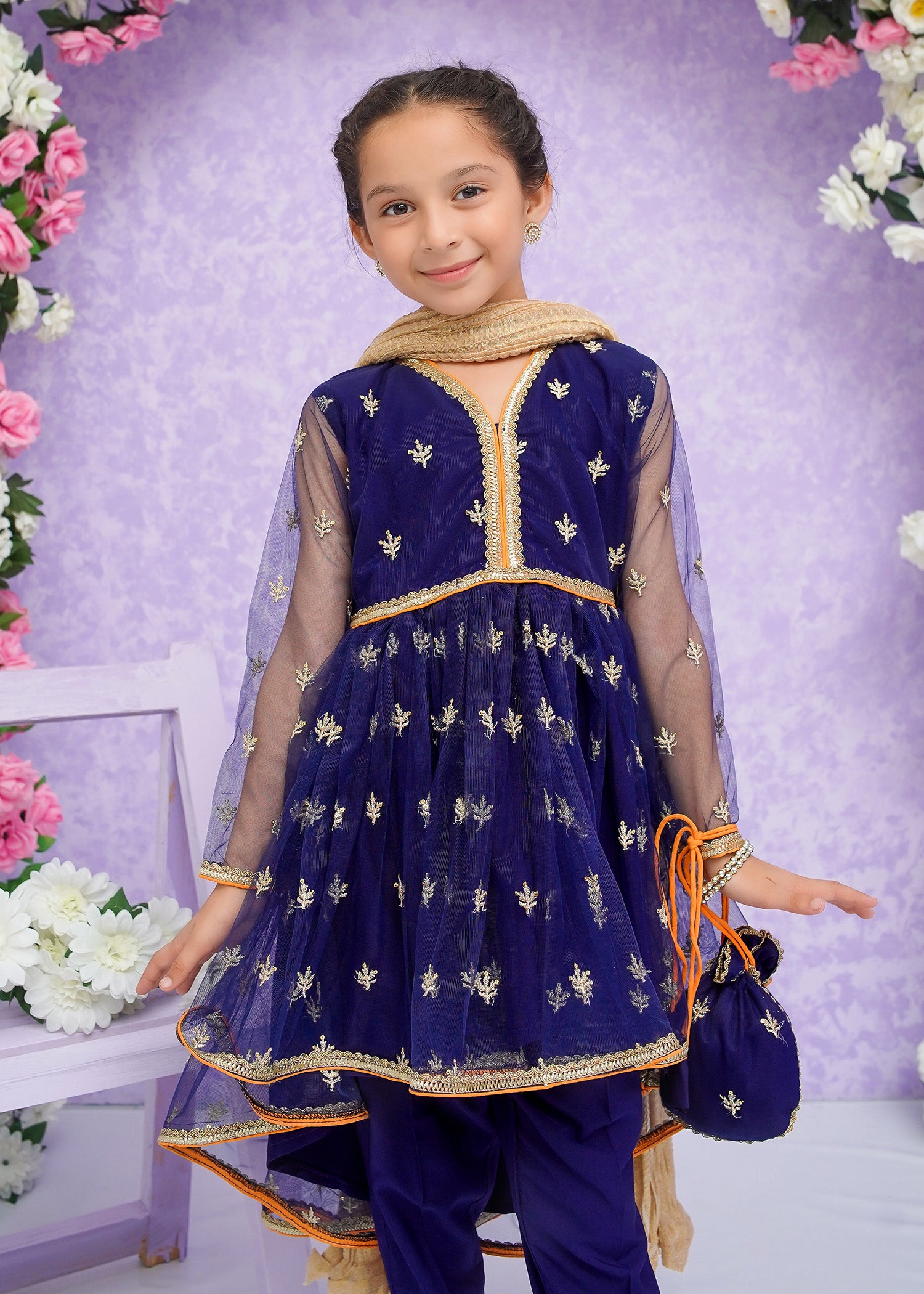 Kids Blue Embroidered Net Frock Suit