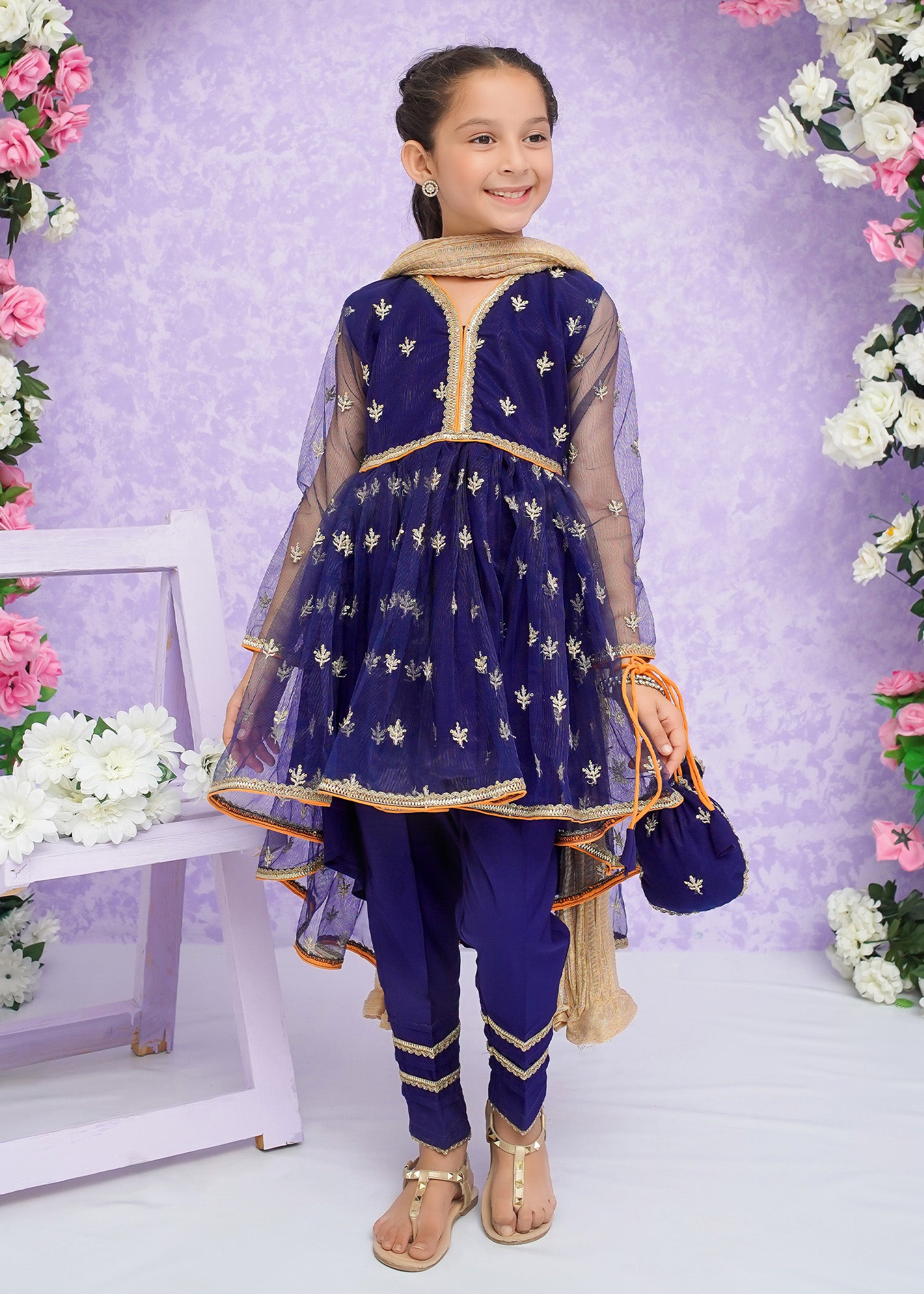 Kids Blue Embroidered Net Frock Suit