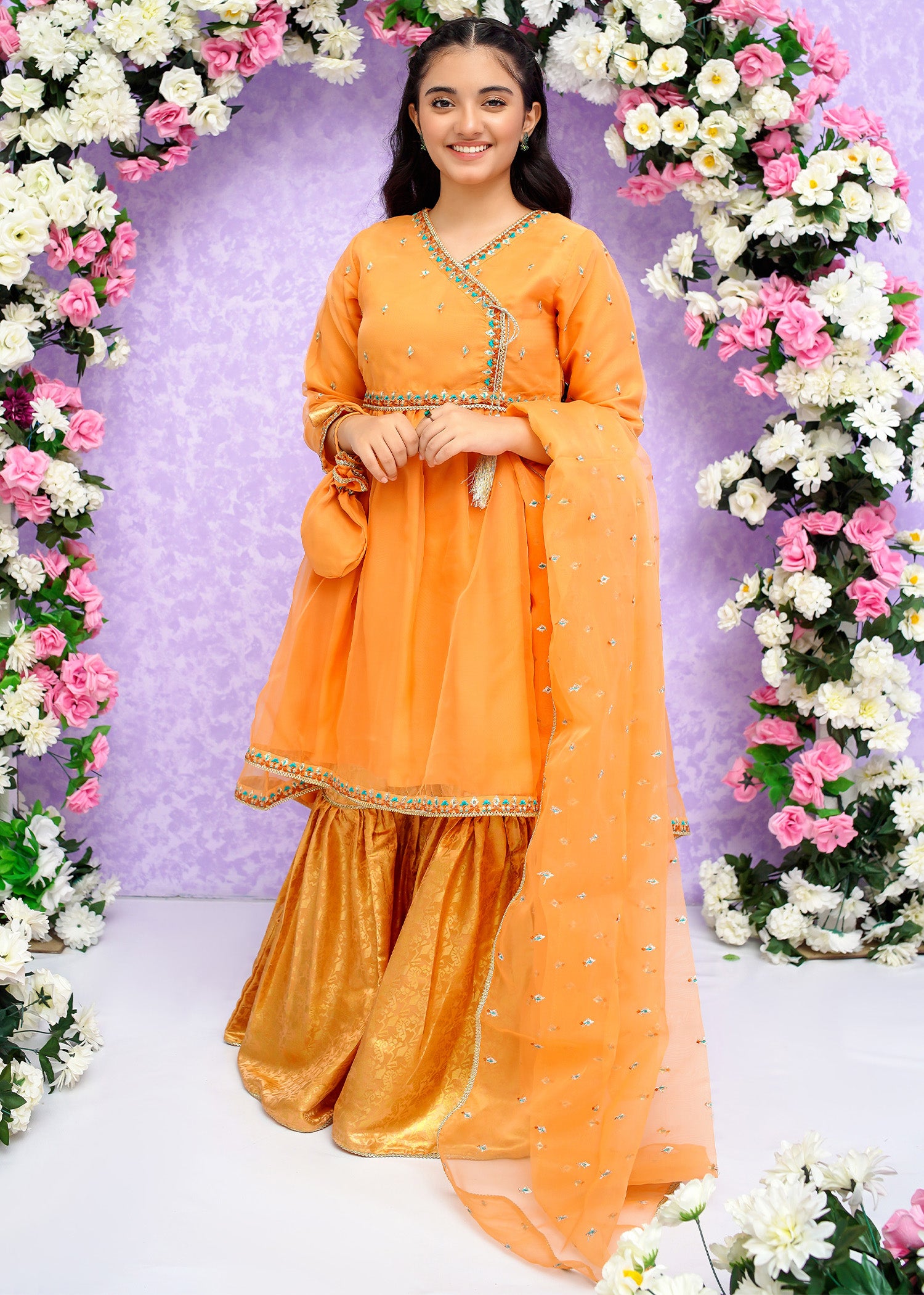 Kids Orange Organza Suit with Jamawar Gharara