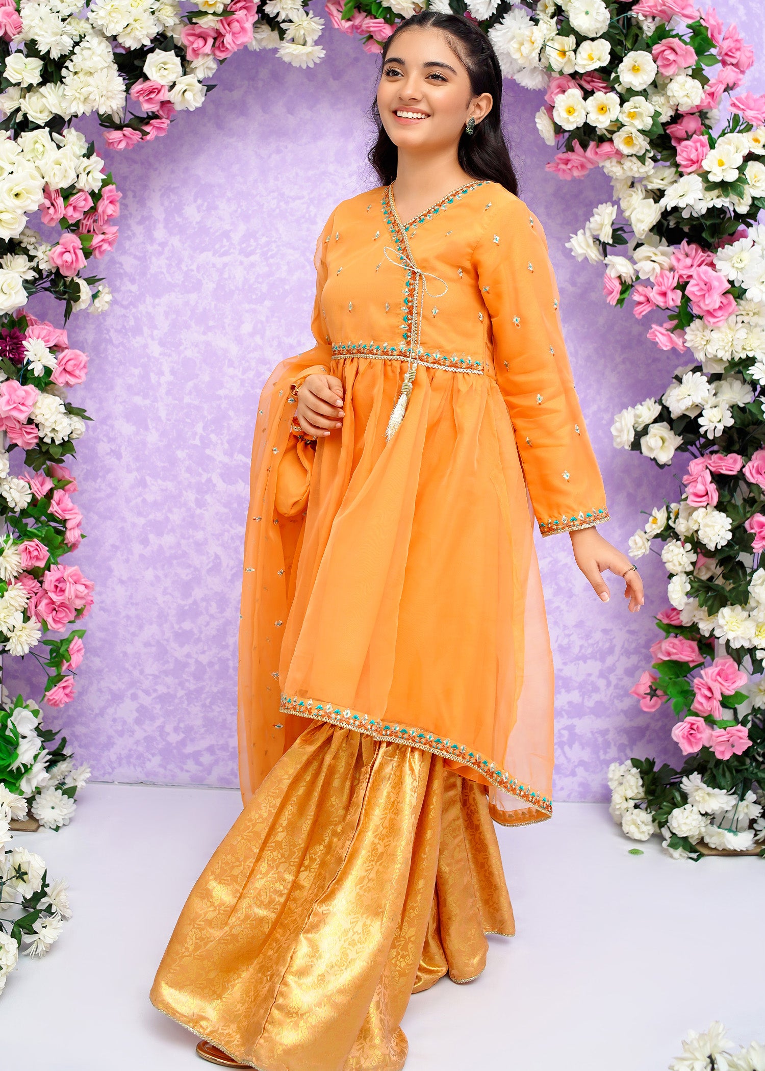 Kids Orange Organza Suit with Jamawar Gharara