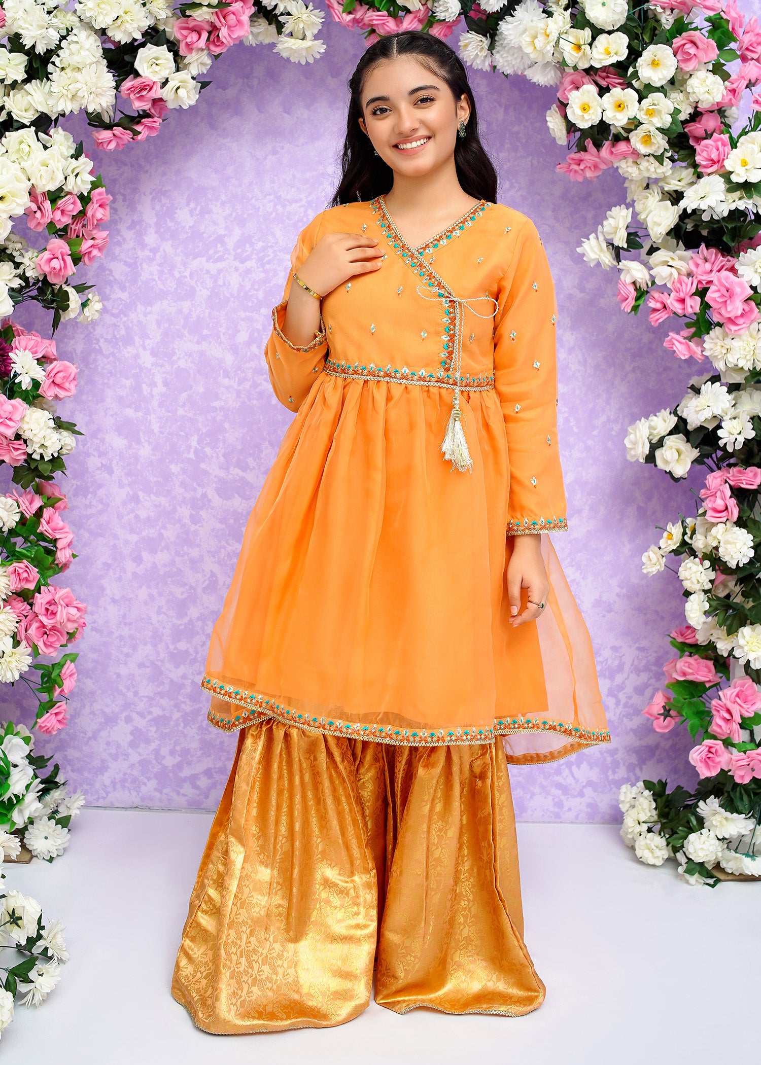 Kids Orange Organza Suit with Jamawar Gharara