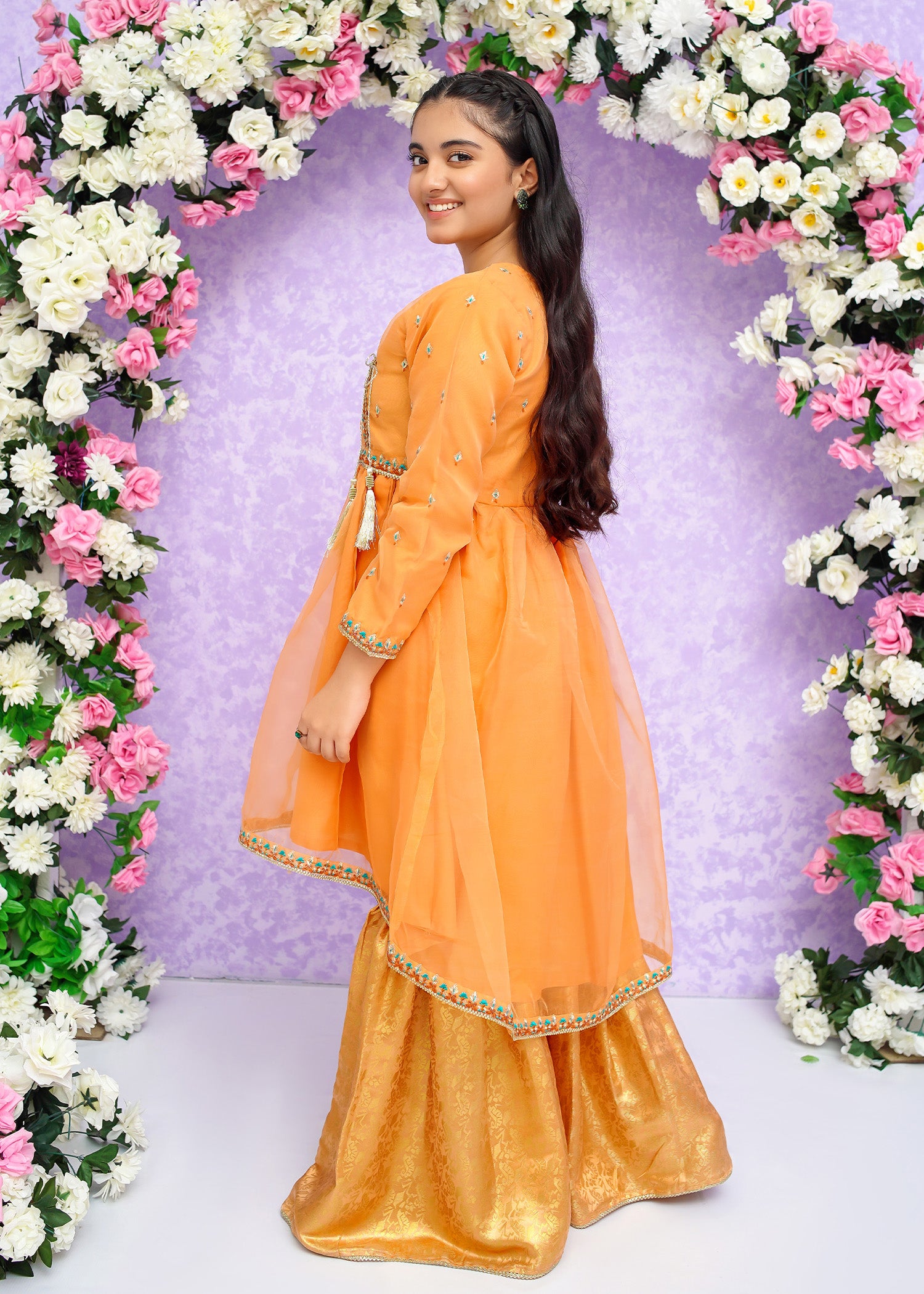 Kids Orange Organza Suit with Jamawar Gharara