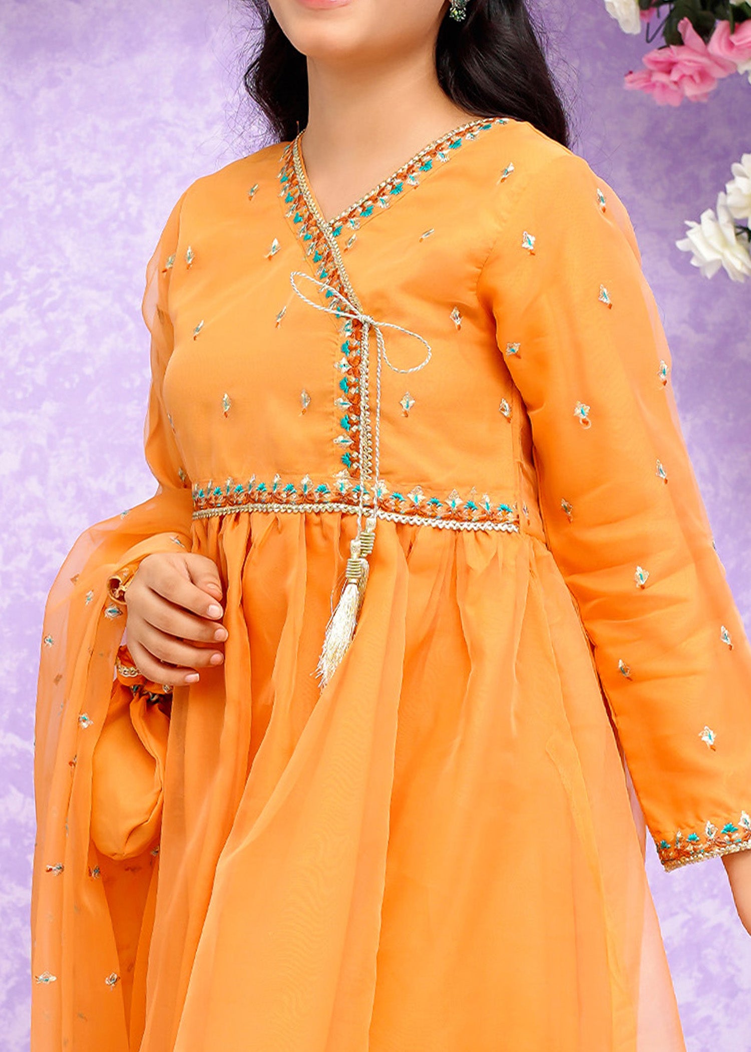 Kids Orange Organza Suit with Jamawar Gharara