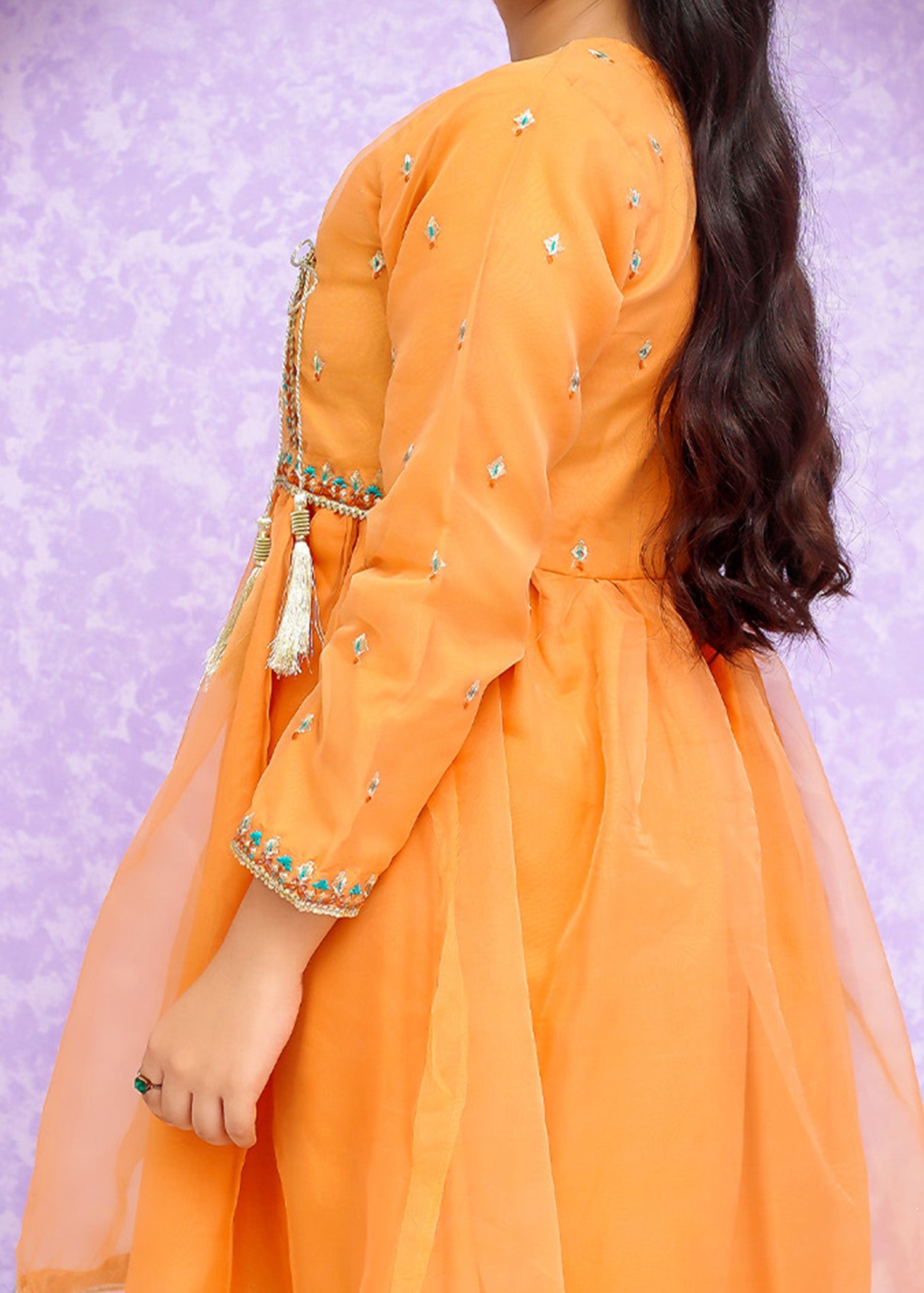 Kids Orange Organza Suit with Jamawar Gharara