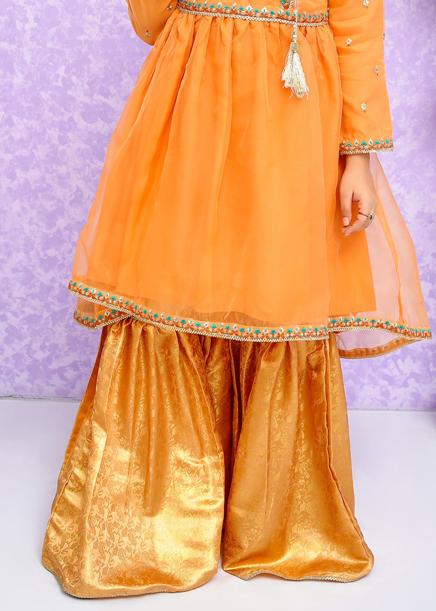 Kids Orange Organza Suit with Jamawar Gharara