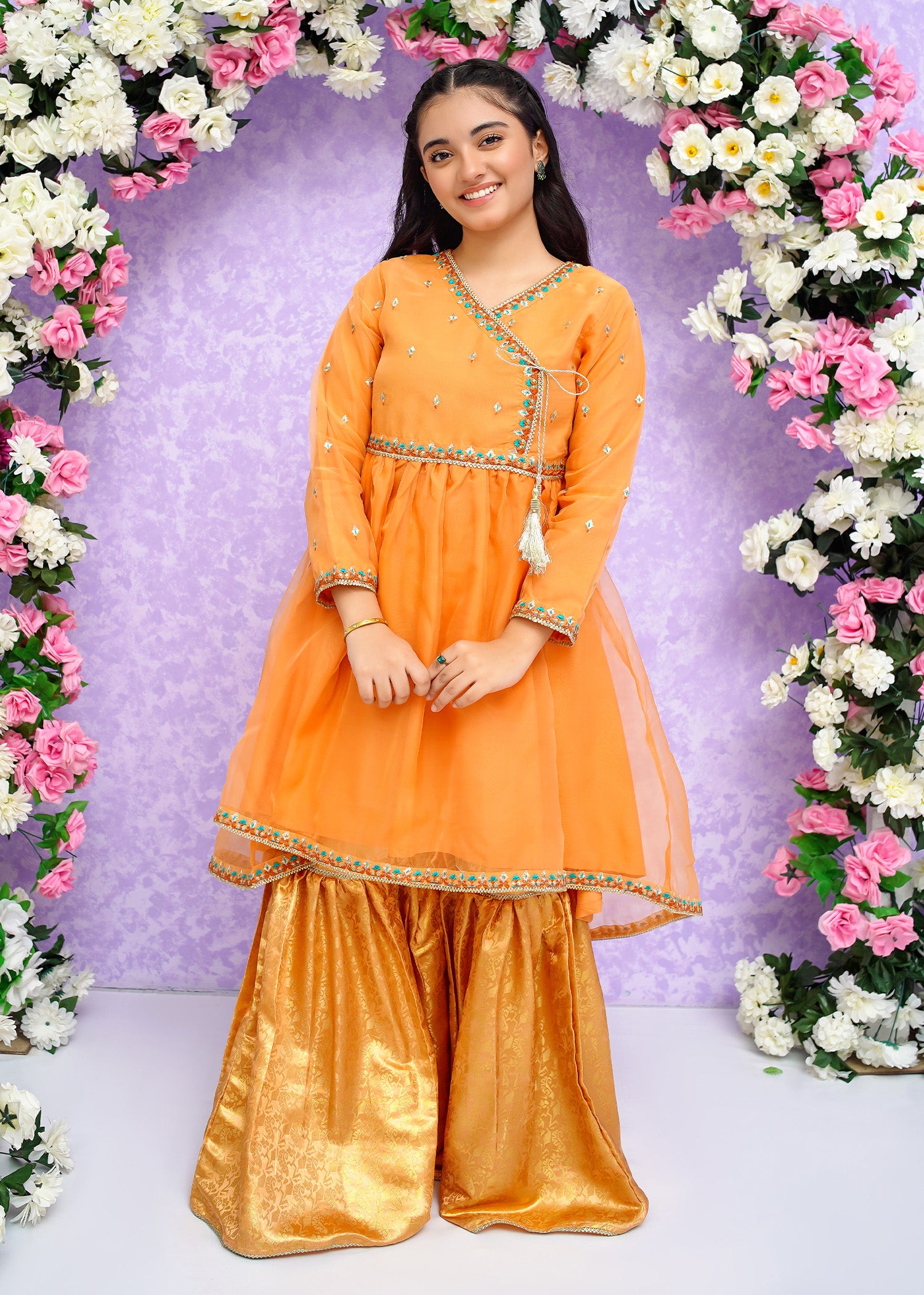 Kids Orange Organza Suit with Jamawar Gharara