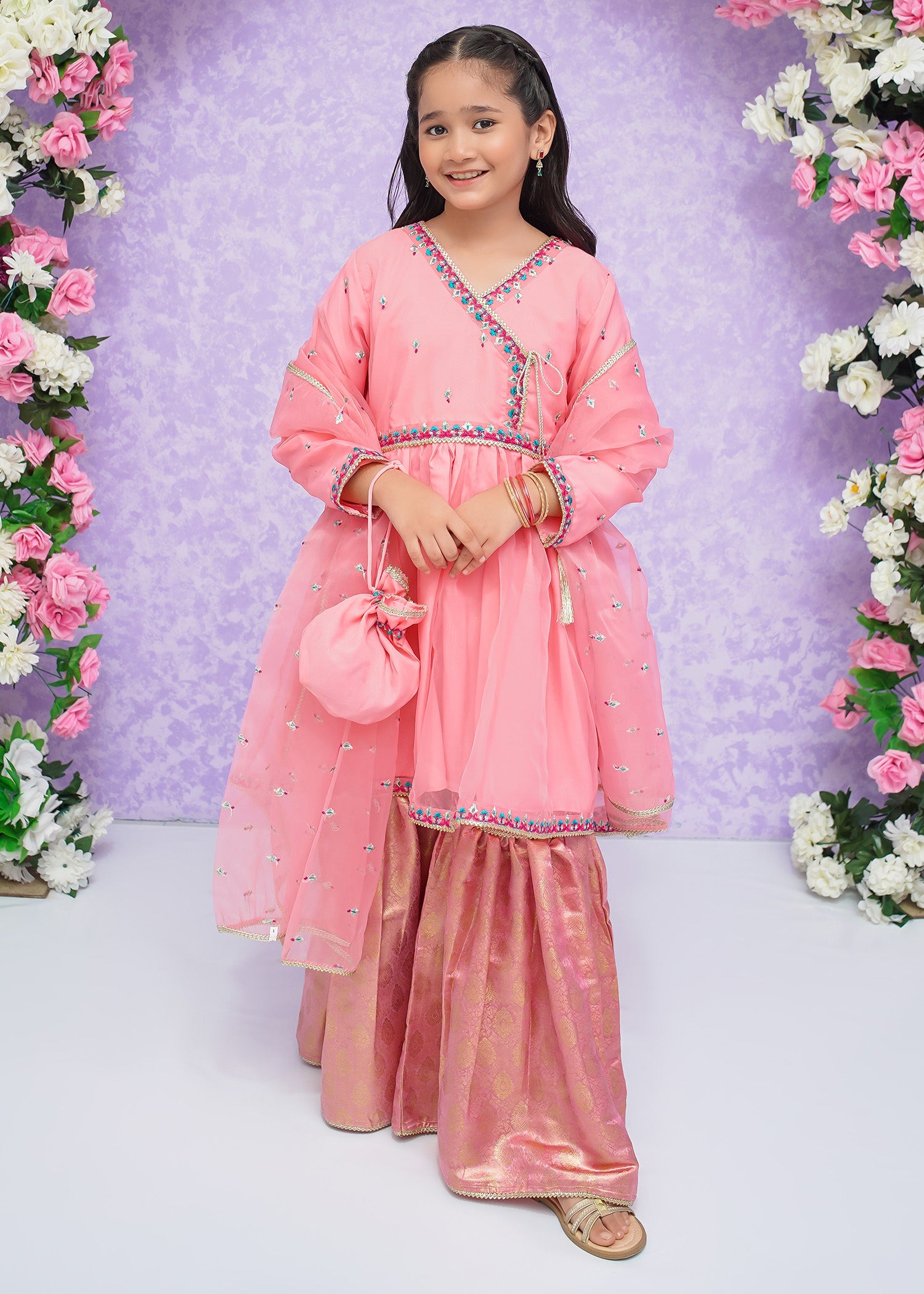 Kids Pink Organza Suit with Jamawar Gharara