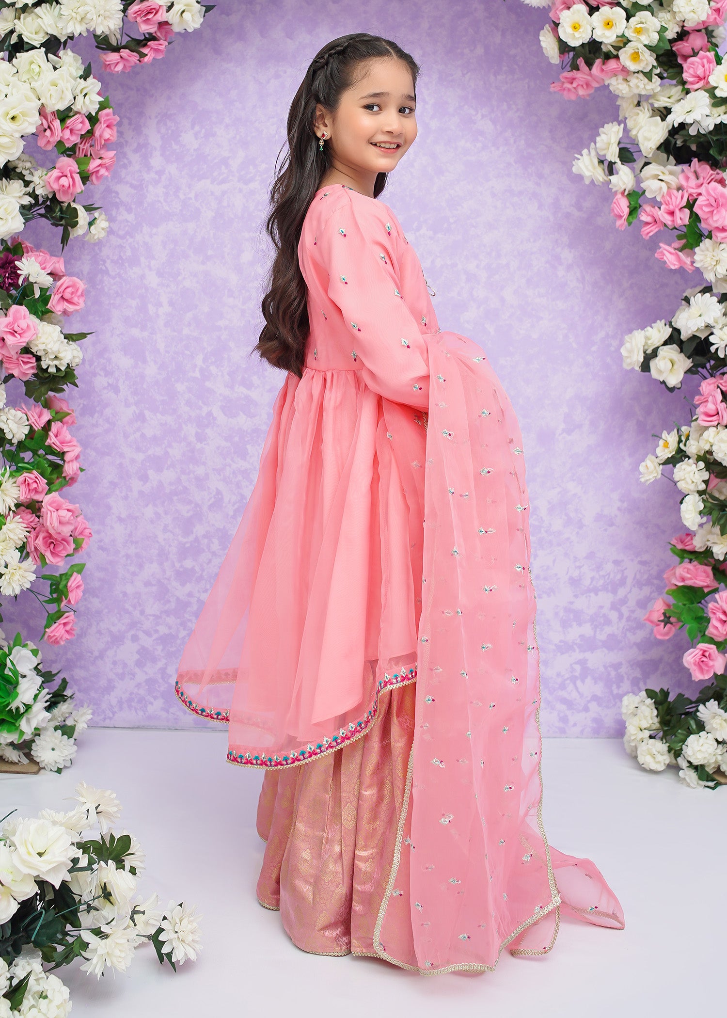 Kids Pink Organza Suit with Jamawar Gharara