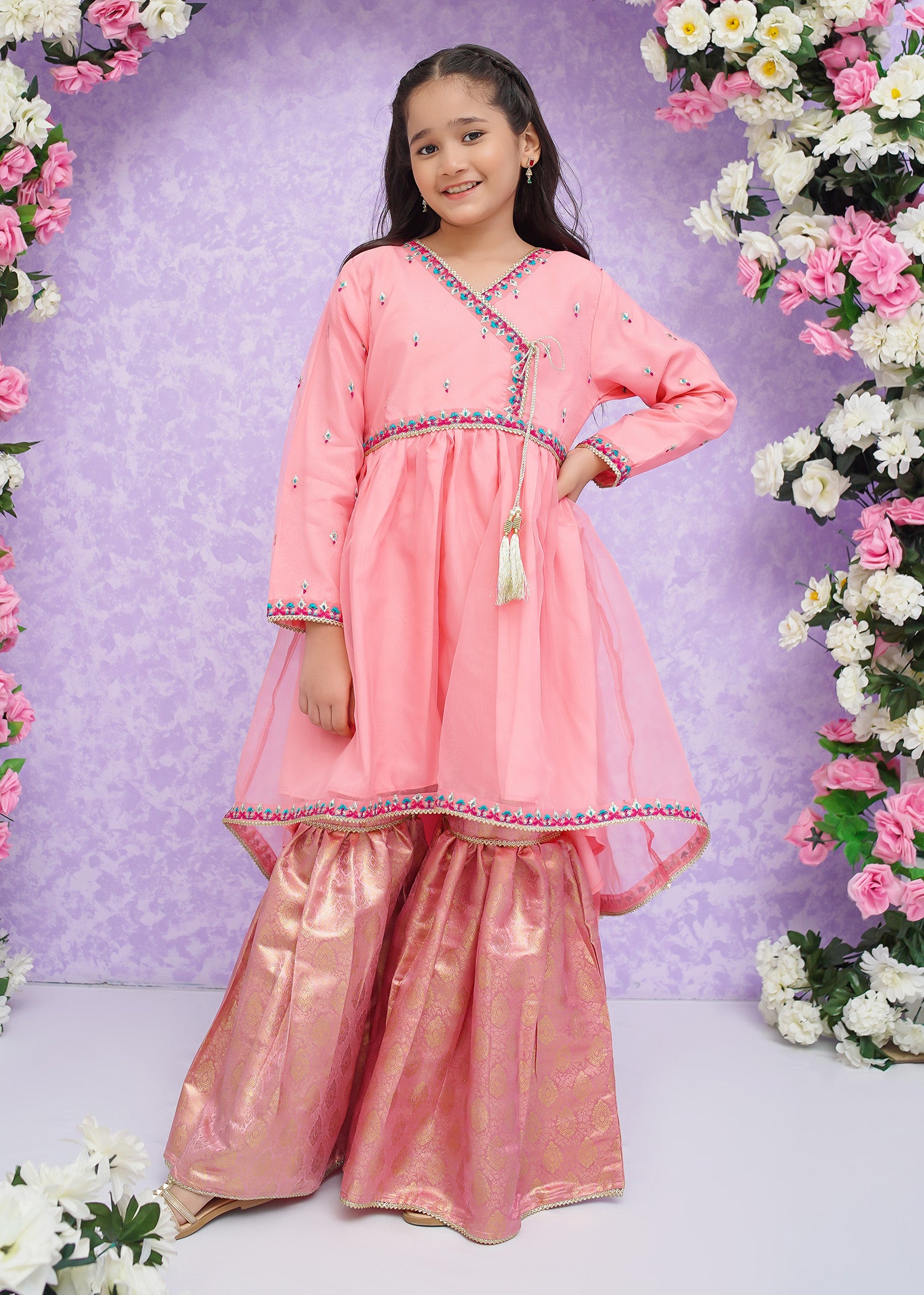 Kids Pink Organza Suit with Jamawar Gharara