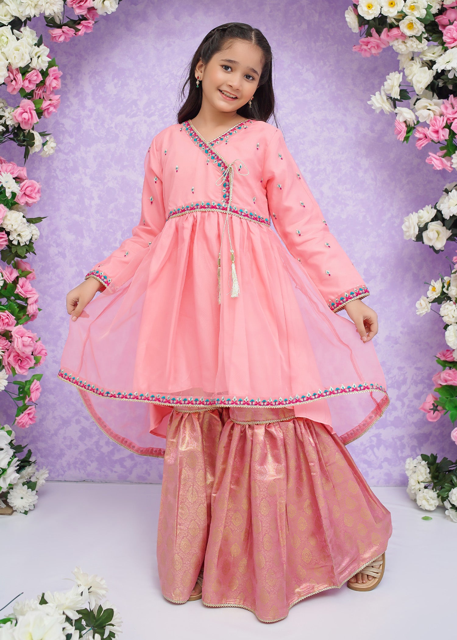 Kids Pink Organza Suit with Jamawar Gharara