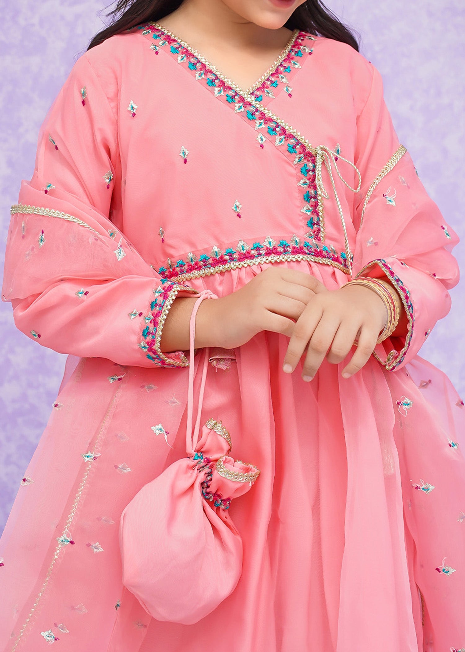 Kids Pink Organza Suit with Jamawar Gharara