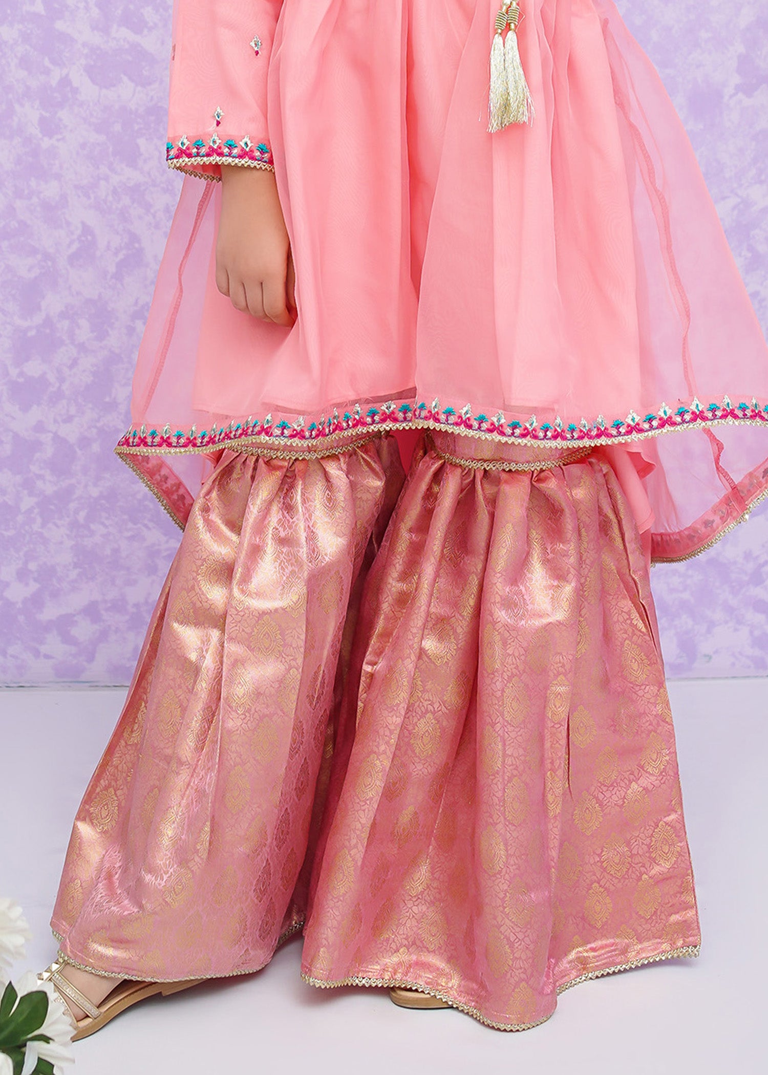 Kids Pink Organza Suit with Jamawar Gharara