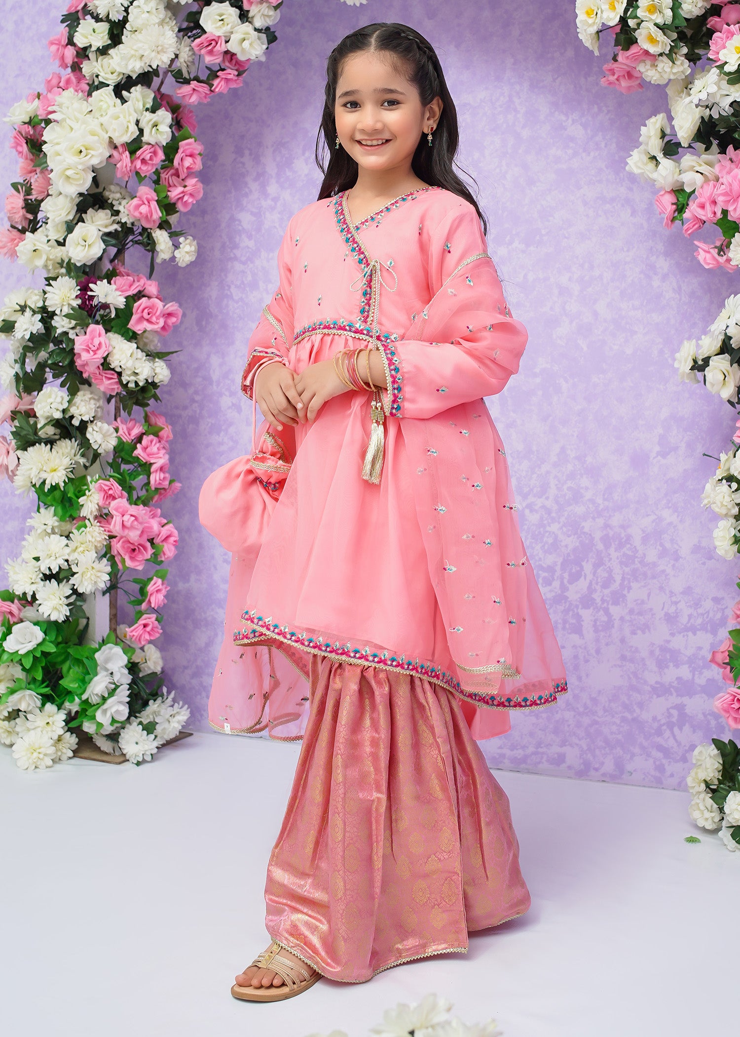 Kids Pink Organza Suit with Jamawar Gharara