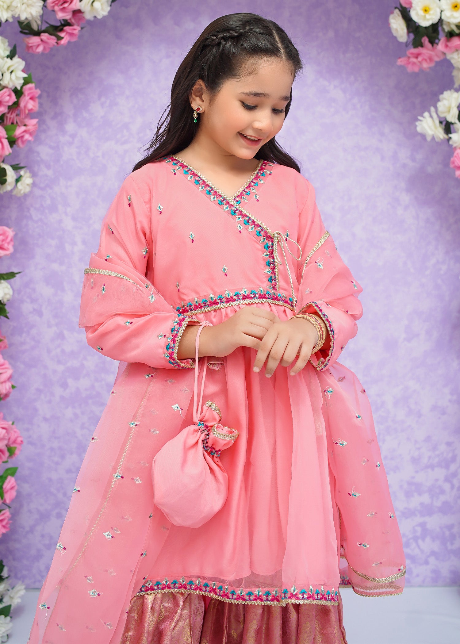 Kids Pink Organza Suit with Jamawar Gharara